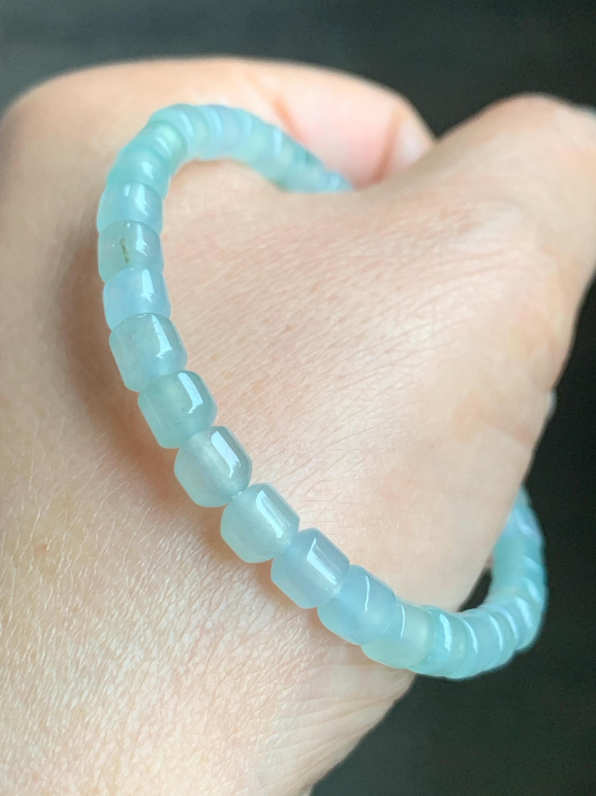 Natural Grade A Icy Highly Translucent Pastel Light Green Jadeite Modified Barrel Beads Beaded Bracelet 5.4mm 6.5" 9g 天然老种冰晴色翡翠桶珠手串 XTZ220