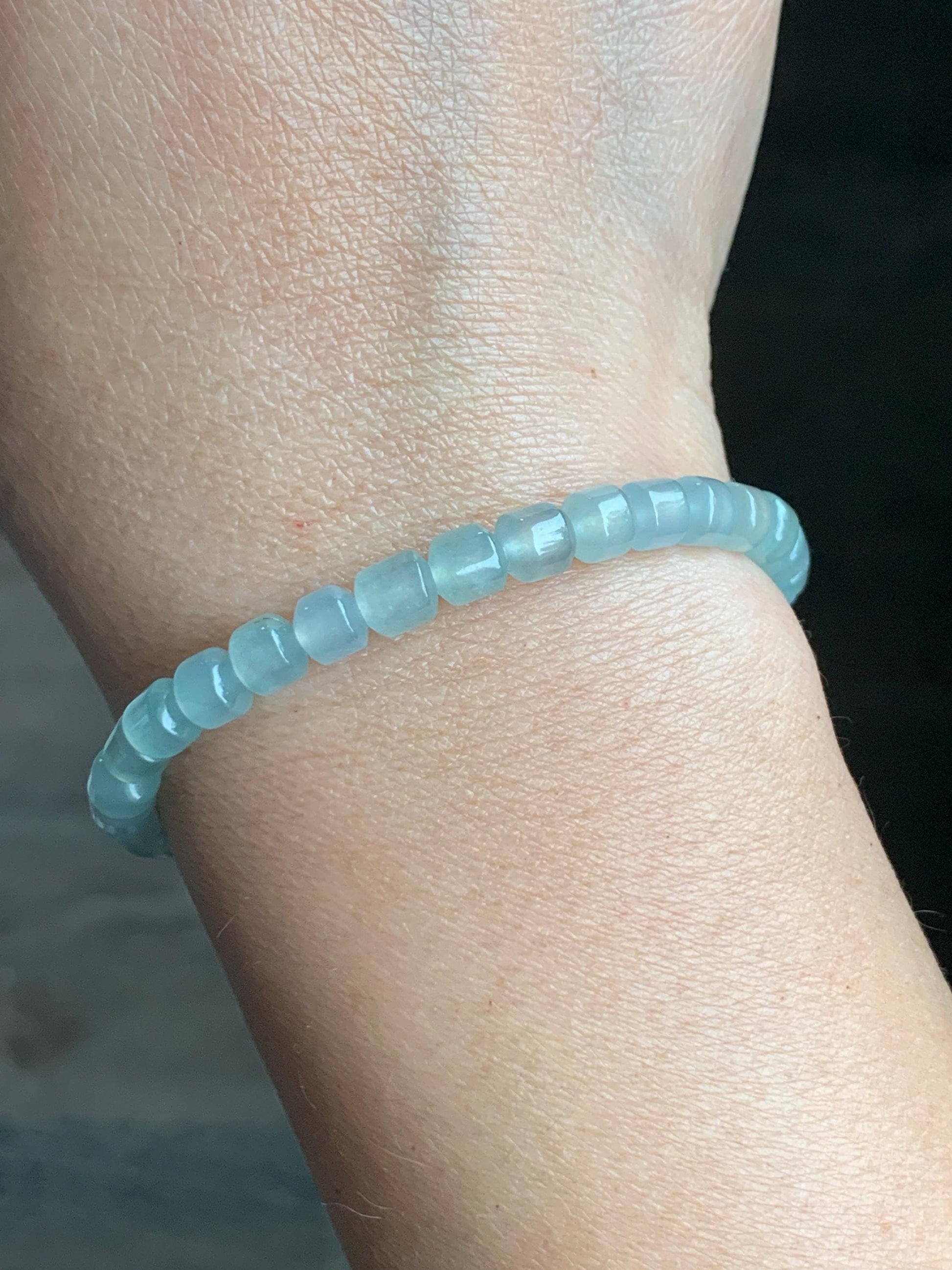 Natural Grade A Icy Highly Translucent Pastel Light Green Jadeite Modified Barrel Beads Beaded Bracelet 5.4mm 6.5" 9g 天然老种冰晴色翡翠桶珠手串 XTZ220
