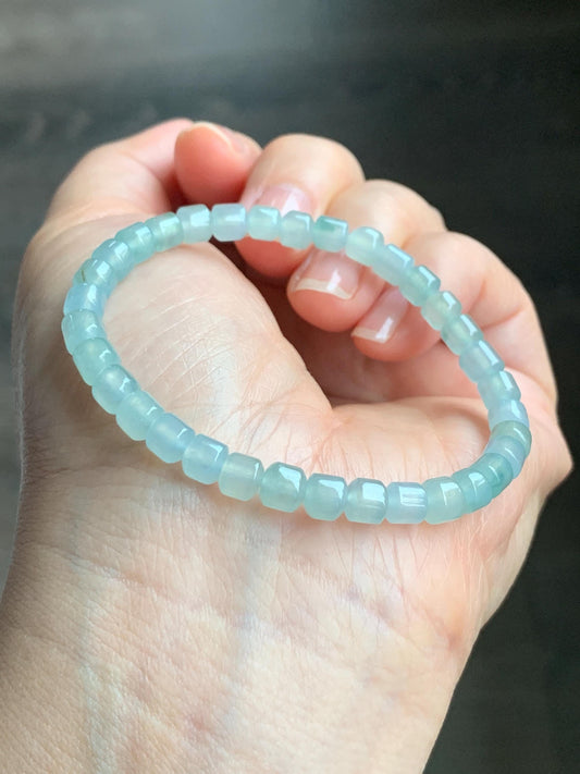 Natural Grade A Icy Highly Translucent Pastel Light Green Jadeite Modified Barrel Beads Beaded Bracelet 5.4mm 6.5" 9g 天然老种冰晴色翡翠桶珠手串 XTZ220