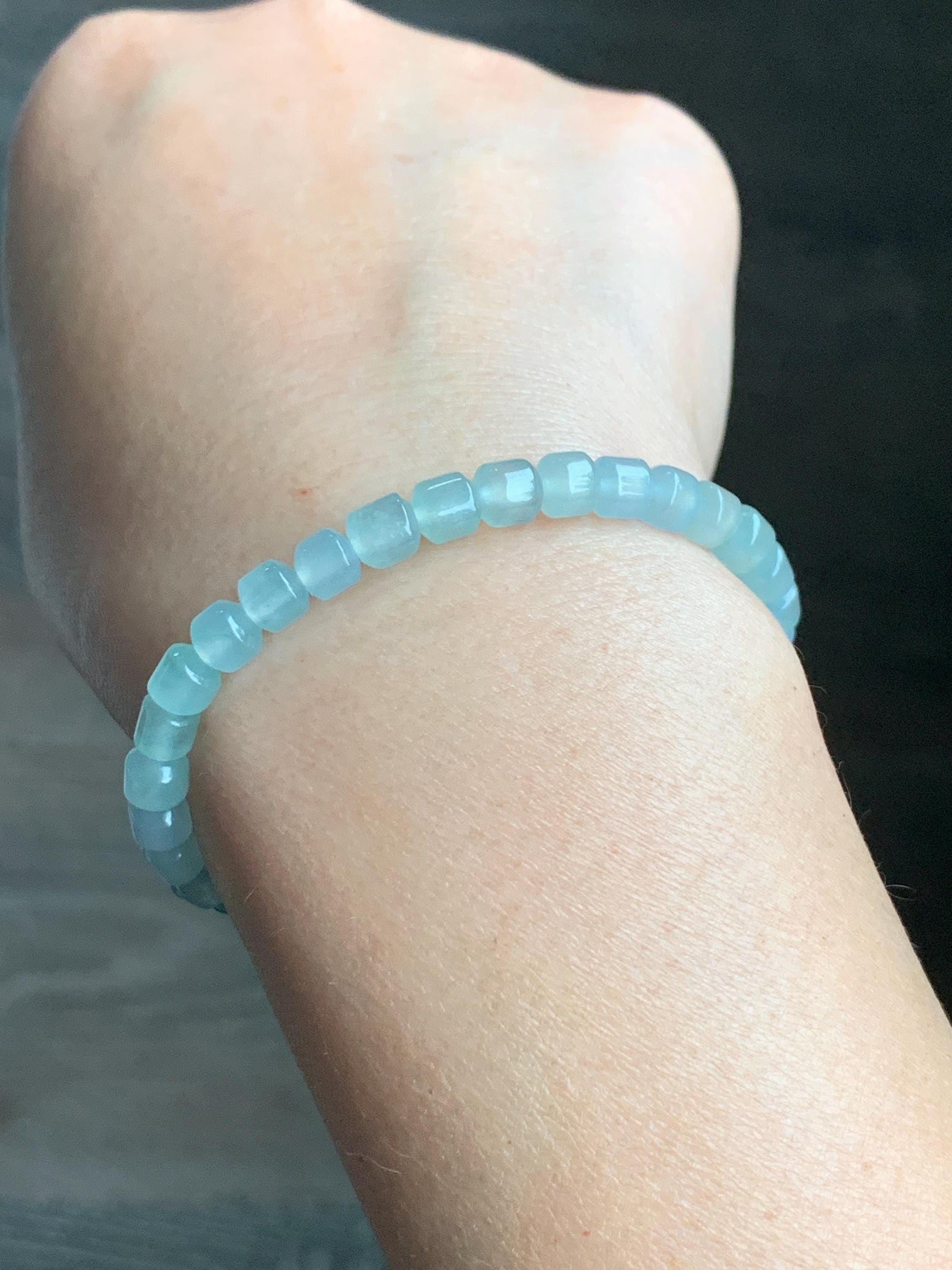 Natural Grade A Icy Highly Translucent Pastel Light Green Jadeite Modified Barrel Beads Beaded Bracelet 5.4mm 6.5" 9g 天然老种冰晴色翡翠桶珠手串 XTZ220