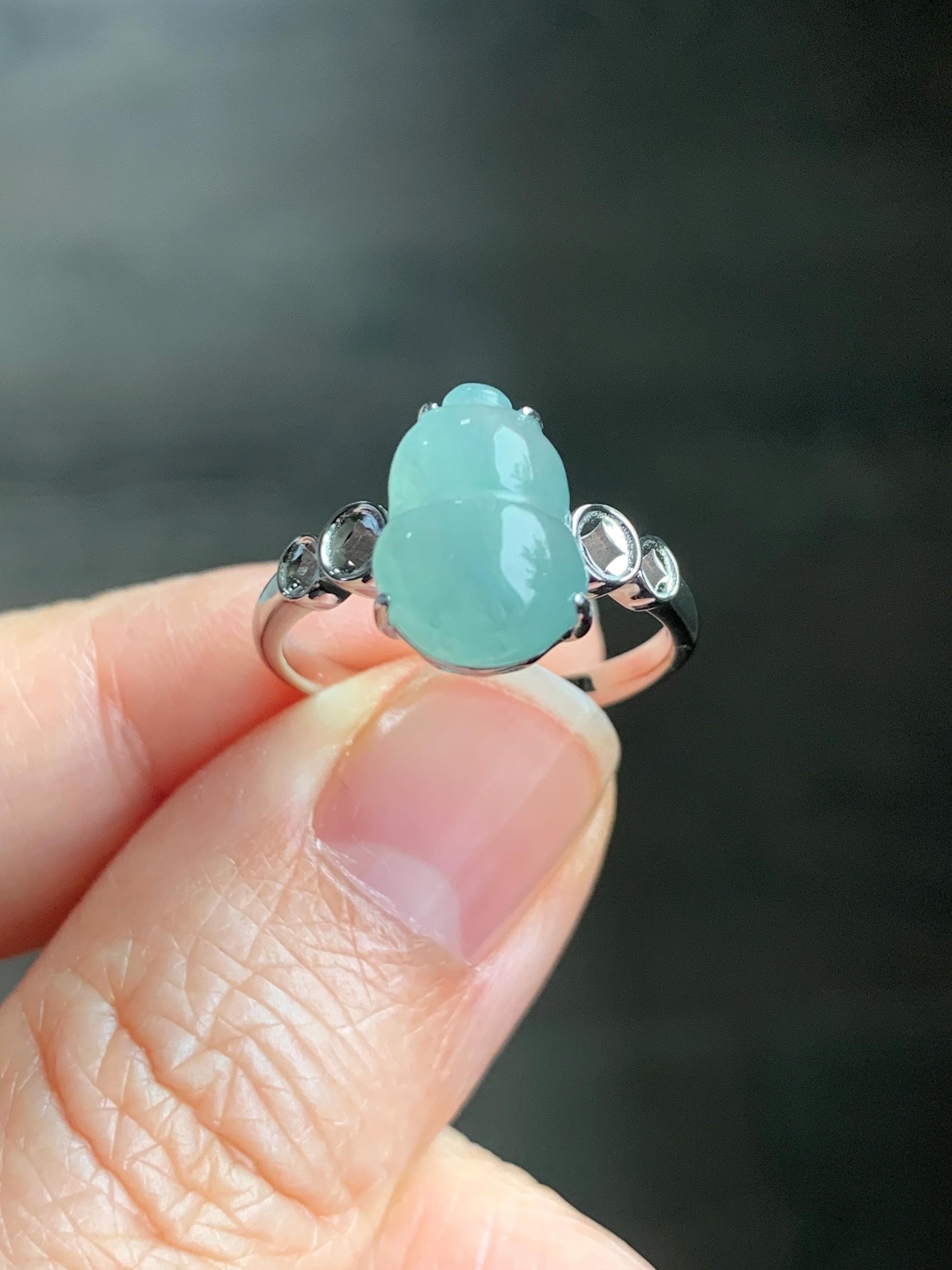 Certified Natural Grade A Icy Translucent Gelatinous Light Green Jadeite Gourd Hulu Ring Sterling Silver size 7 US 2.7g 天然冰胶晴蓝底翡翠葫芦镶嵌戒指 1504