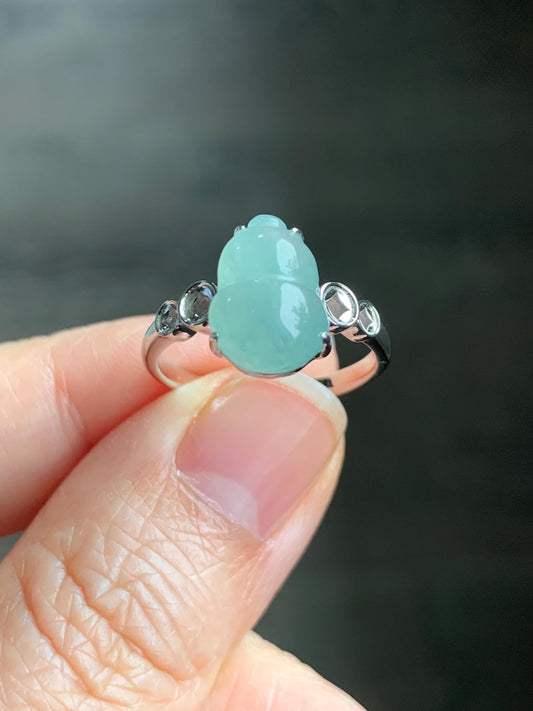 Certified Natural Grade A Icy Translucent Gelatinous Light Green Jadeite Gourd Hulu Ring Sterling Silver size 7 US 2.7g 天然冰胶晴蓝底翡翠葫芦镶嵌戒指 1504