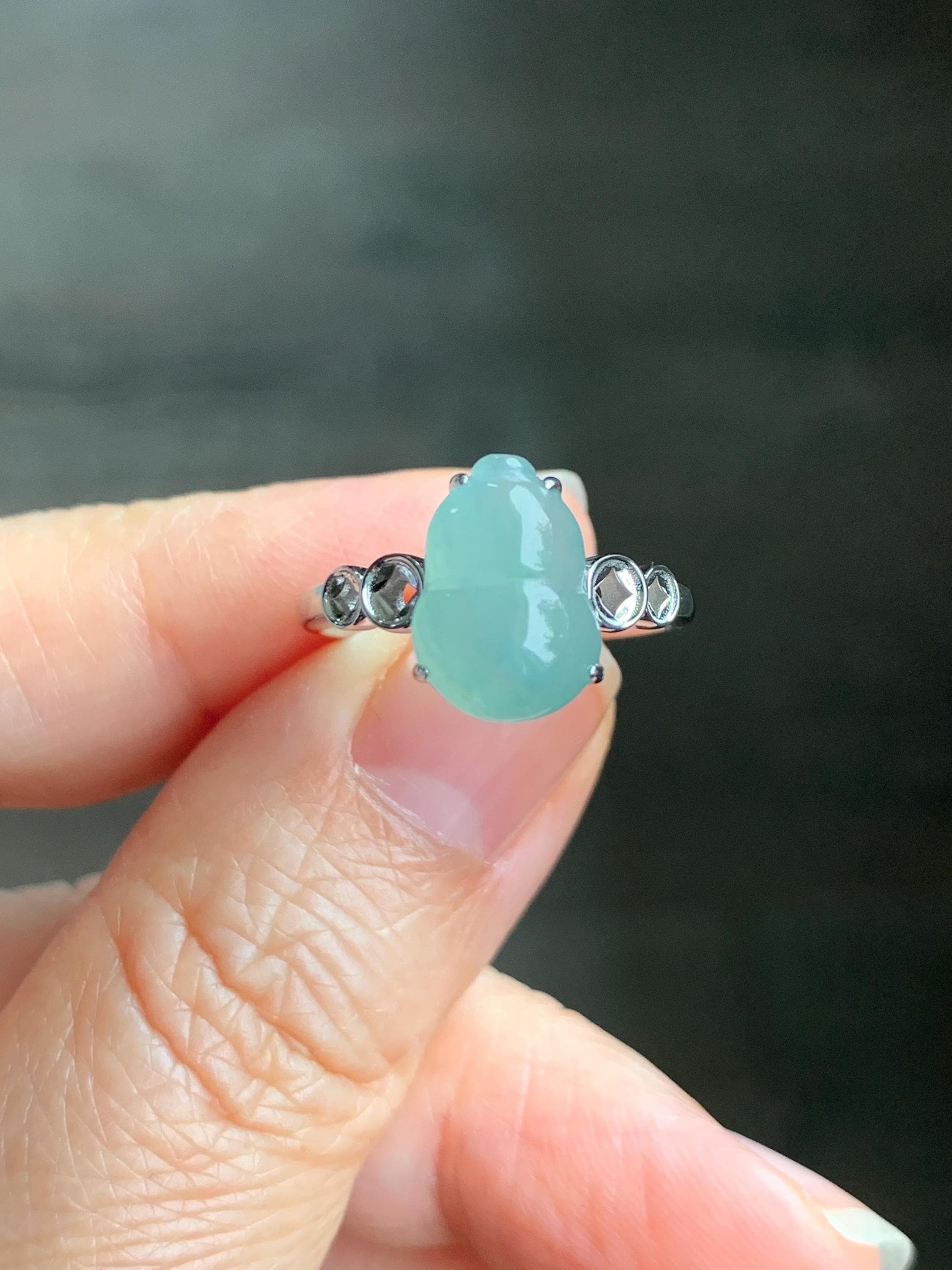 Certified Natural Grade A Icy Translucent Gelatinous Light Green Jadeite Gourd Hulu Ring Sterling Silver size 7 US 2.7g 天然冰胶晴蓝底翡翠葫芦镶嵌戒指 1504