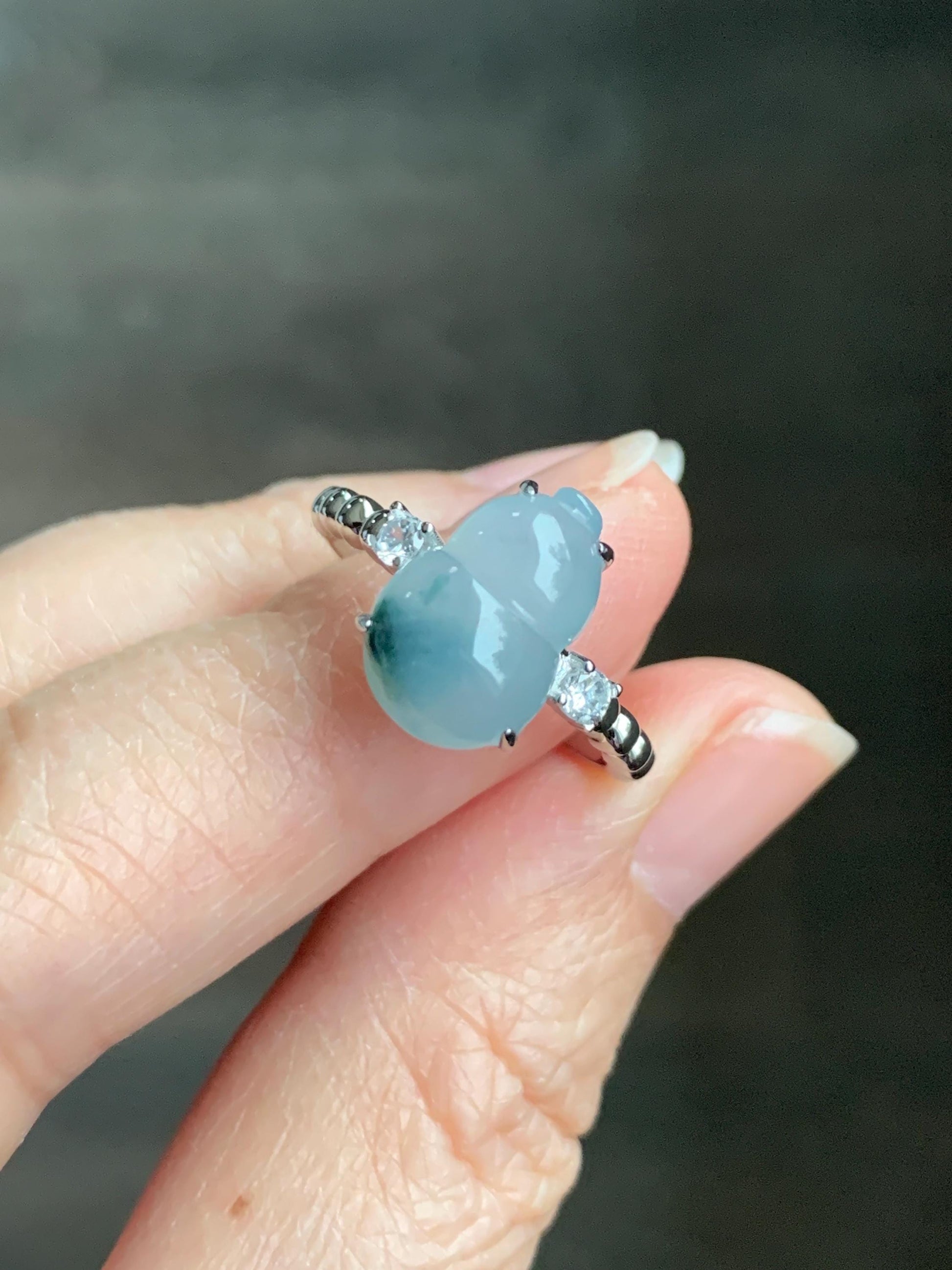 Certified Natural Grade A Icy Translucent Gelatinous Teal Green Marbled Jadeite Gourd Hulu Ring Sterling Silver sz 7.25 天然冰胶蓝花翡翠葫芦镶嵌戒指 1503