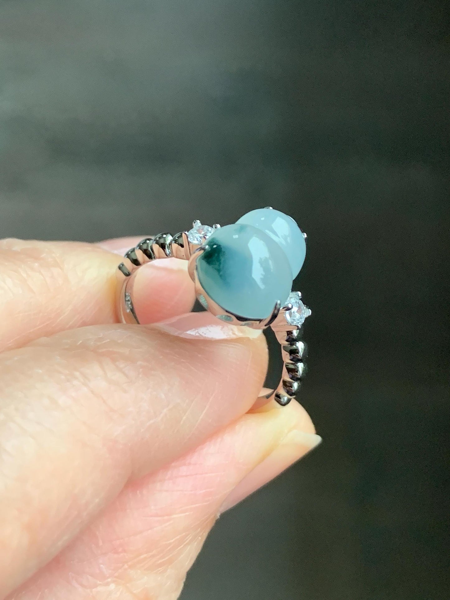 Certified Natural Grade A Icy Translucent Gelatinous Teal Green Marbled Jadeite Gourd Hulu Ring Sterling Silver sz 7.25 天然冰胶蓝花翡翠葫芦镶嵌戒指 1503