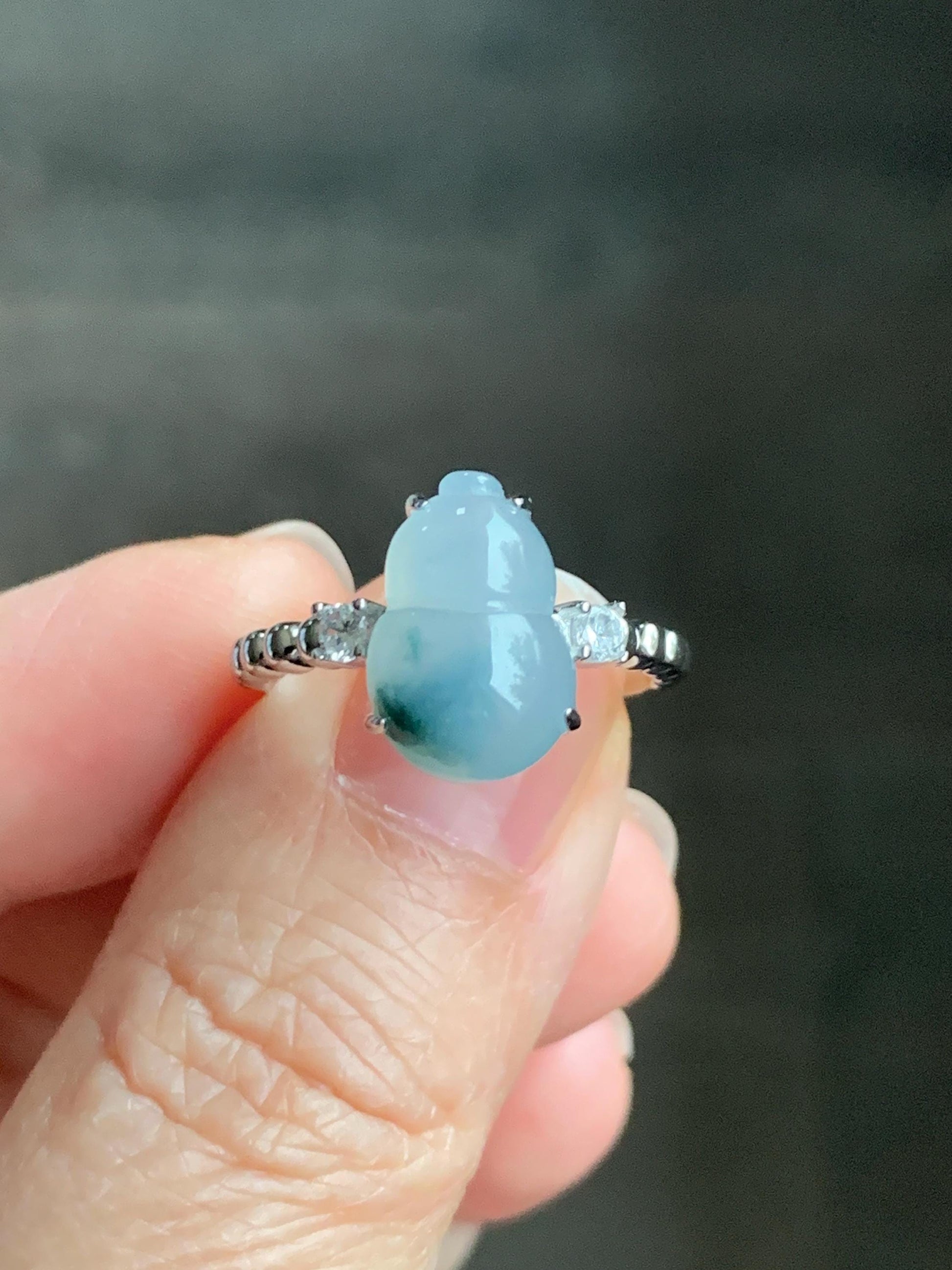 Certified Natural Grade A Icy Translucent Gelatinous Teal Green Marbled Jadeite Gourd Hulu Ring Sterling Silver sz 7.25 天然冰胶蓝花翡翠葫芦镶嵌戒指 1503