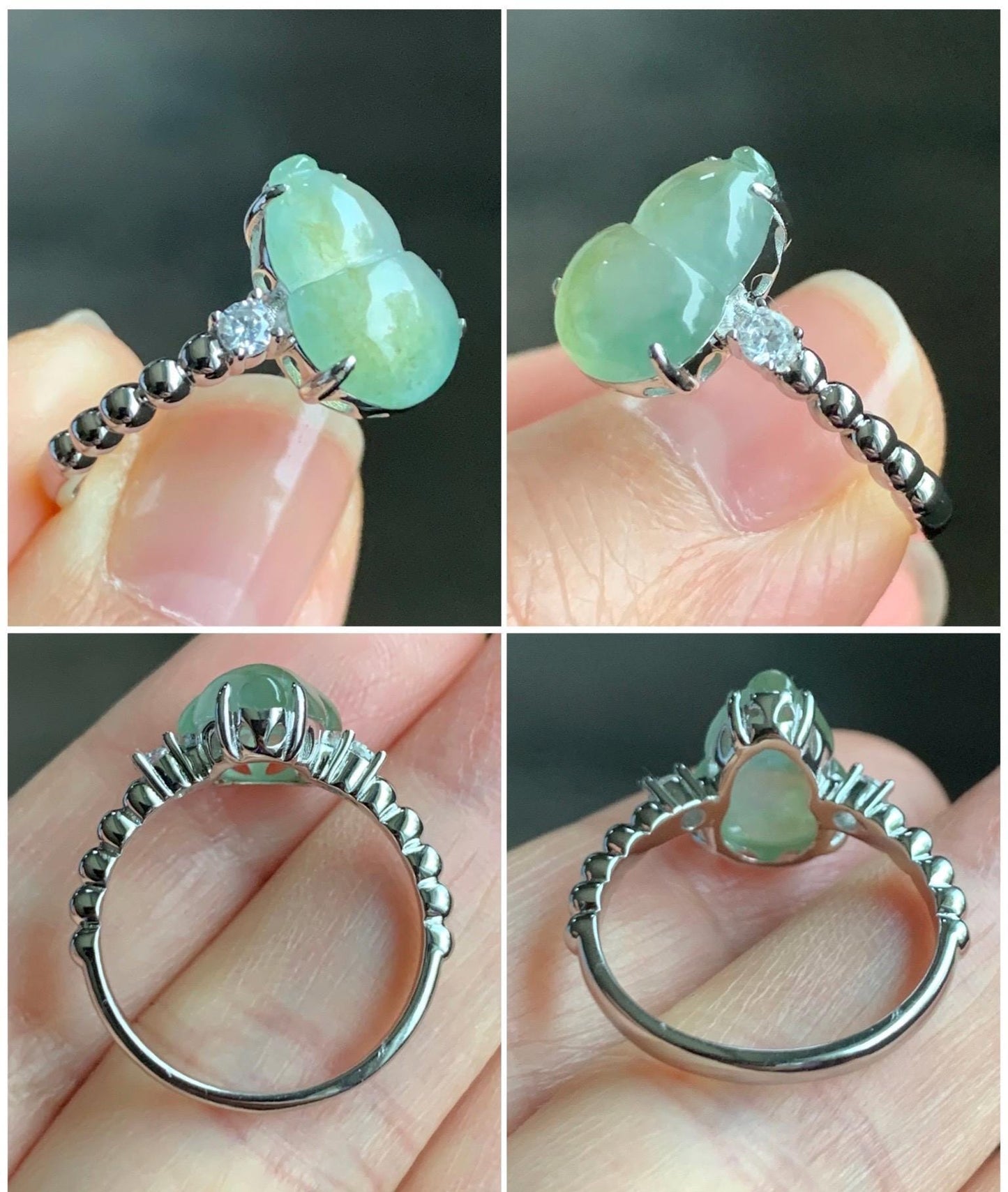 Certified Natural Grade A Icy Highly Translucent Gelatinous Light Green Jadeite Gourd Hulu Ring Sterling Silver size 7 天然正冰晴色翡翠葫芦镶嵌戒指 1502