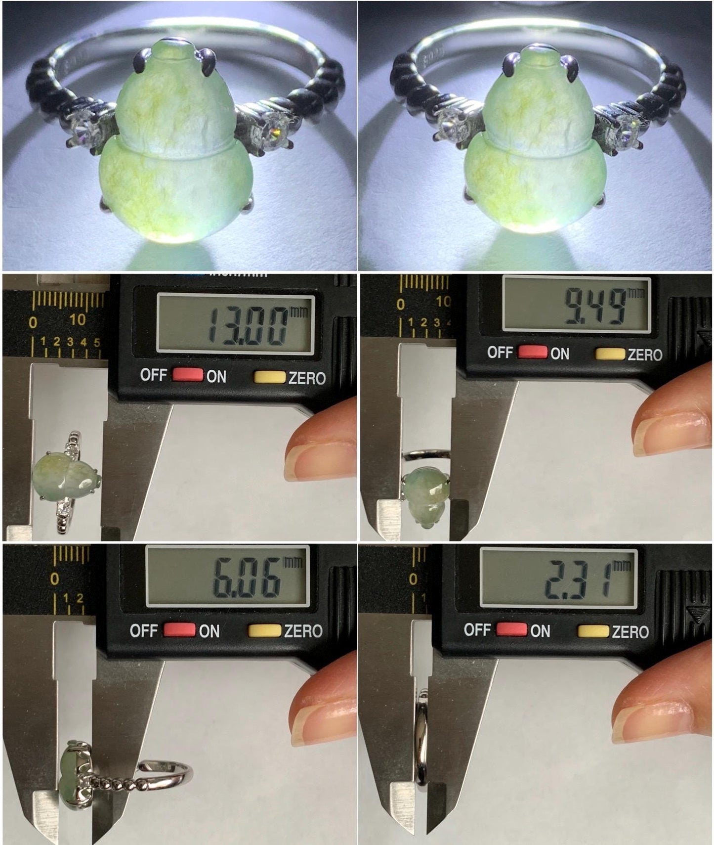 Certified Natural Grade A Icy Highly Translucent Gelatinous Light Green Jadeite Gourd Hulu Ring Sterling Silver size 7 天然正冰晴色翡翠葫芦镶嵌戒指 1502