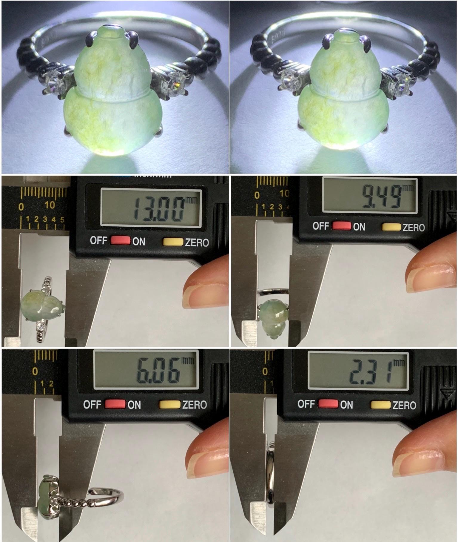 Certified Natural Grade A Icy Highly Translucent Gelatinous Light Green Jadeite Gourd Hulu Ring Sterling Silver size 7 天然正冰晴色翡翠葫芦镶嵌戒指 1502