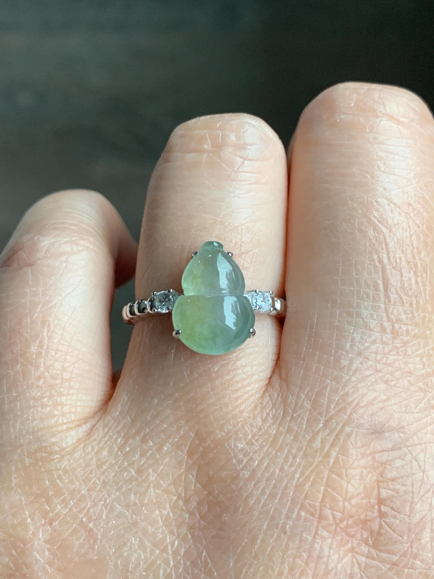 Certified Natural Grade A Icy Highly Translucent Gelatinous Light Green Jadeite Gourd Hulu Ring Sterling Silver size 7 天然正冰晴色翡翠葫芦镶嵌戒指 1502