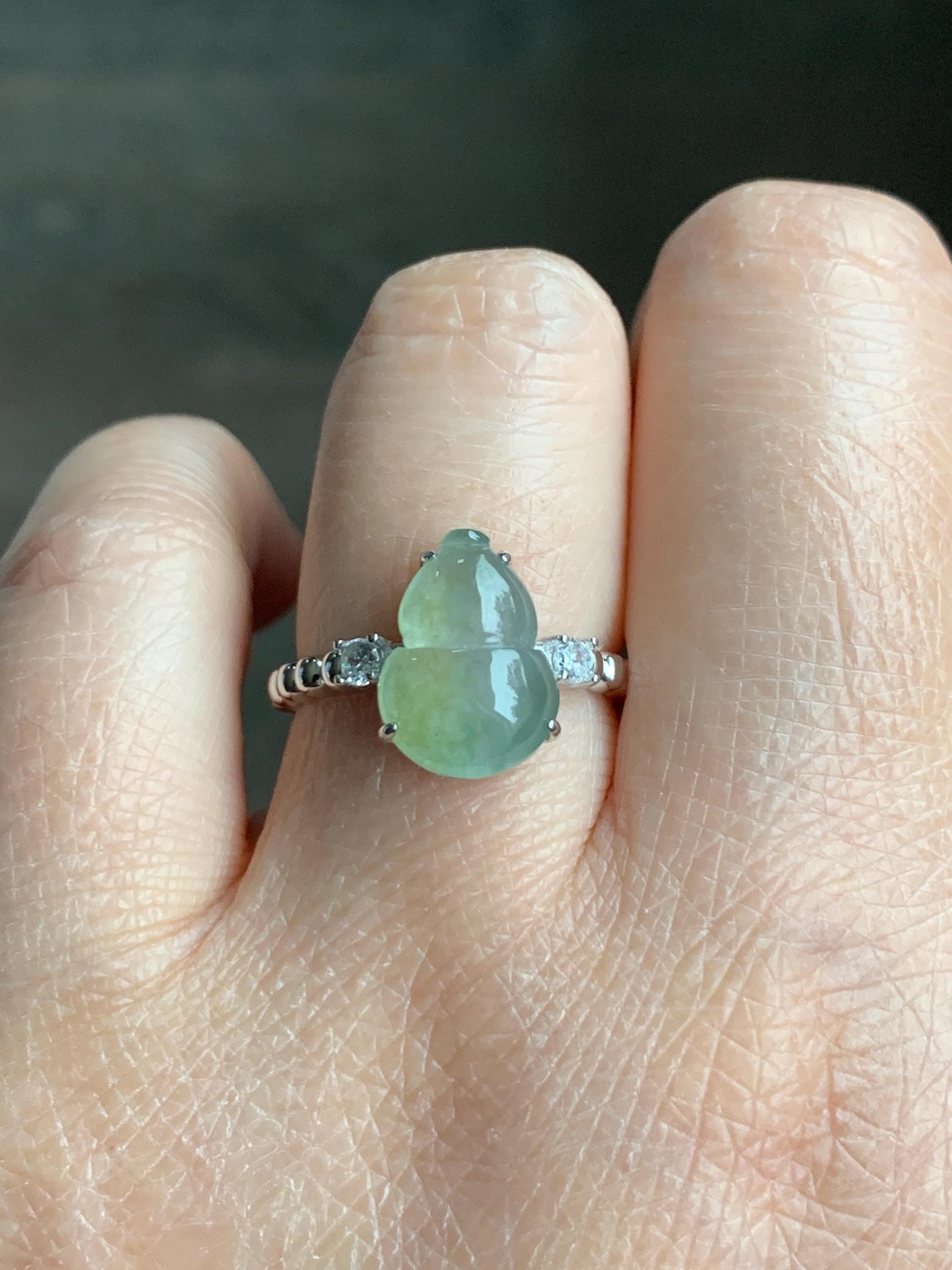 Certified Natural Grade A Icy Highly Translucent Gelatinous Light Green Jadeite Gourd Hulu Ring Sterling Silver size 7 天然正冰晴色翡翠葫芦镶嵌戒指 1502