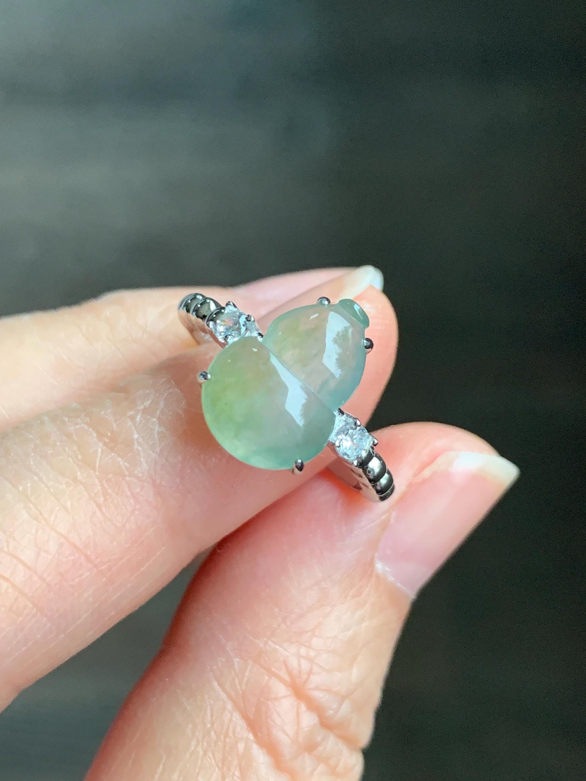 Certified Natural Grade A Icy Highly Translucent Gelatinous Light Green Jadeite Gourd Hulu Ring Sterling Silver size 7 天然正冰晴色翡翠葫芦镶嵌戒指 1502