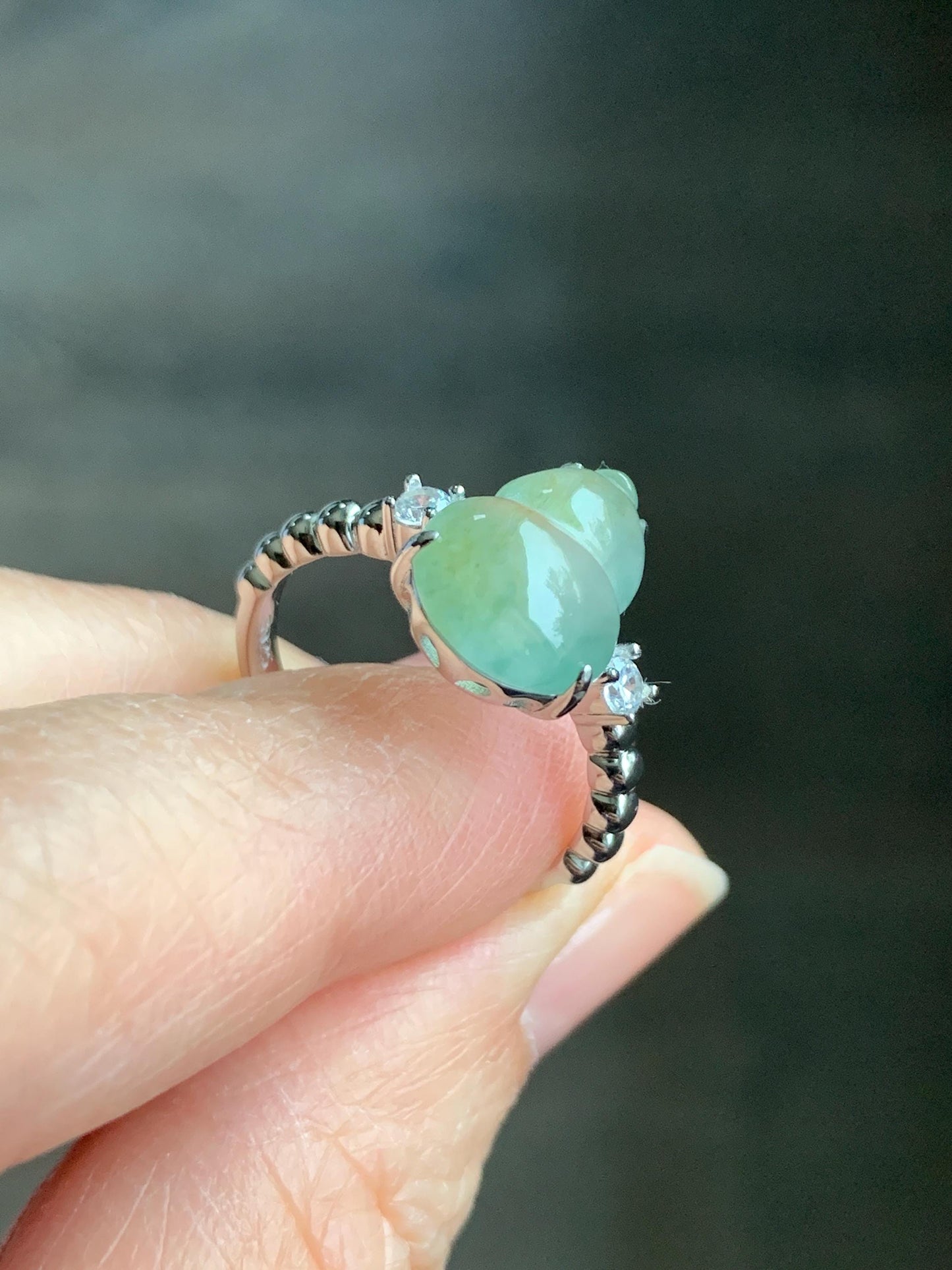 Certified Natural Grade A Icy Highly Translucent Gelatinous Light Green Jadeite Gourd Hulu Ring Sterling Silver size 7 天然正冰晴色翡翠葫芦镶嵌戒指 1502