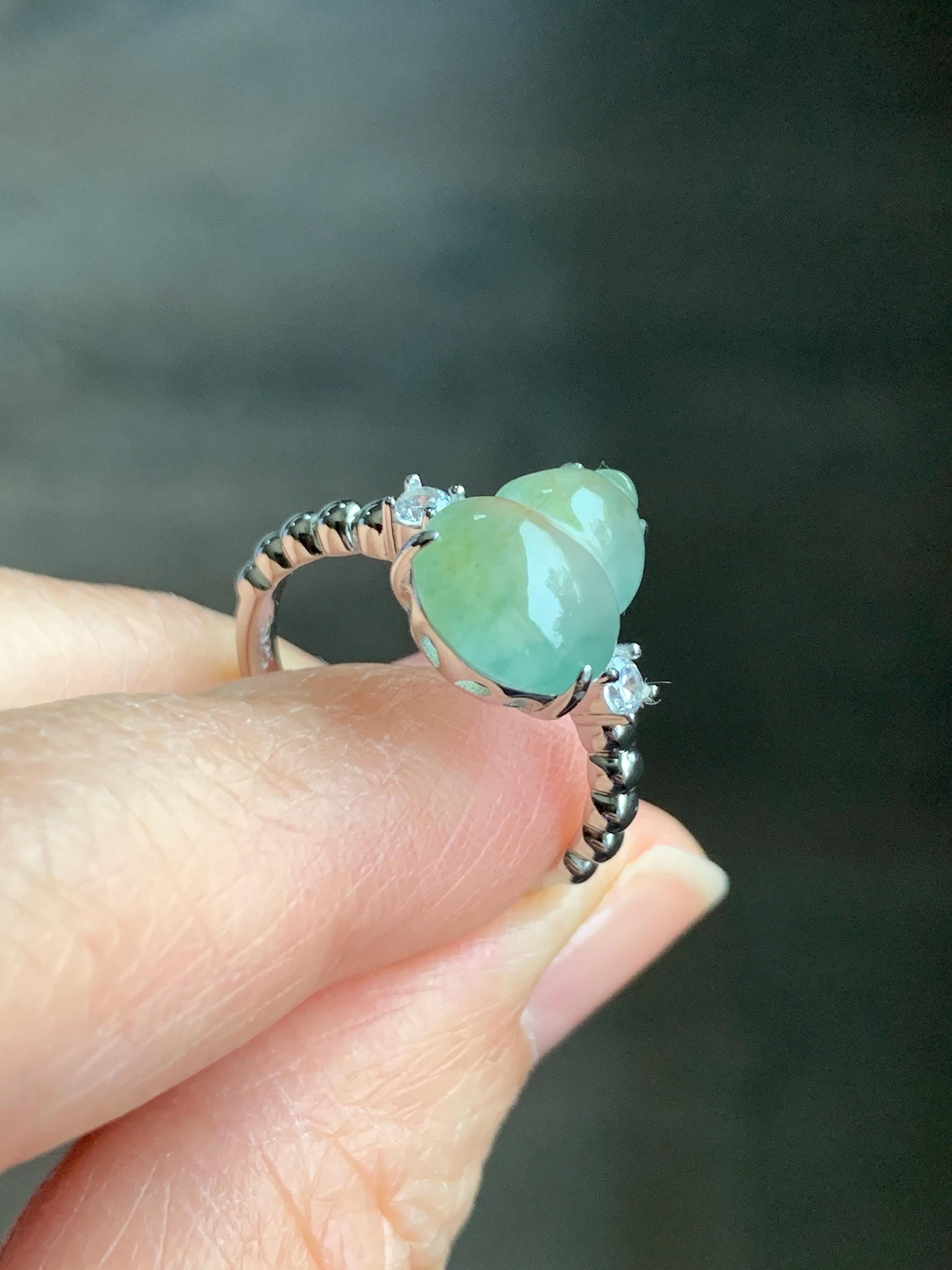 Certified Natural Grade A Icy Highly Translucent Gelatinous Light Green Jadeite Gourd Hulu Ring Sterling Silver size 7 天然正冰晴色翡翠葫芦镶嵌戒指 1502