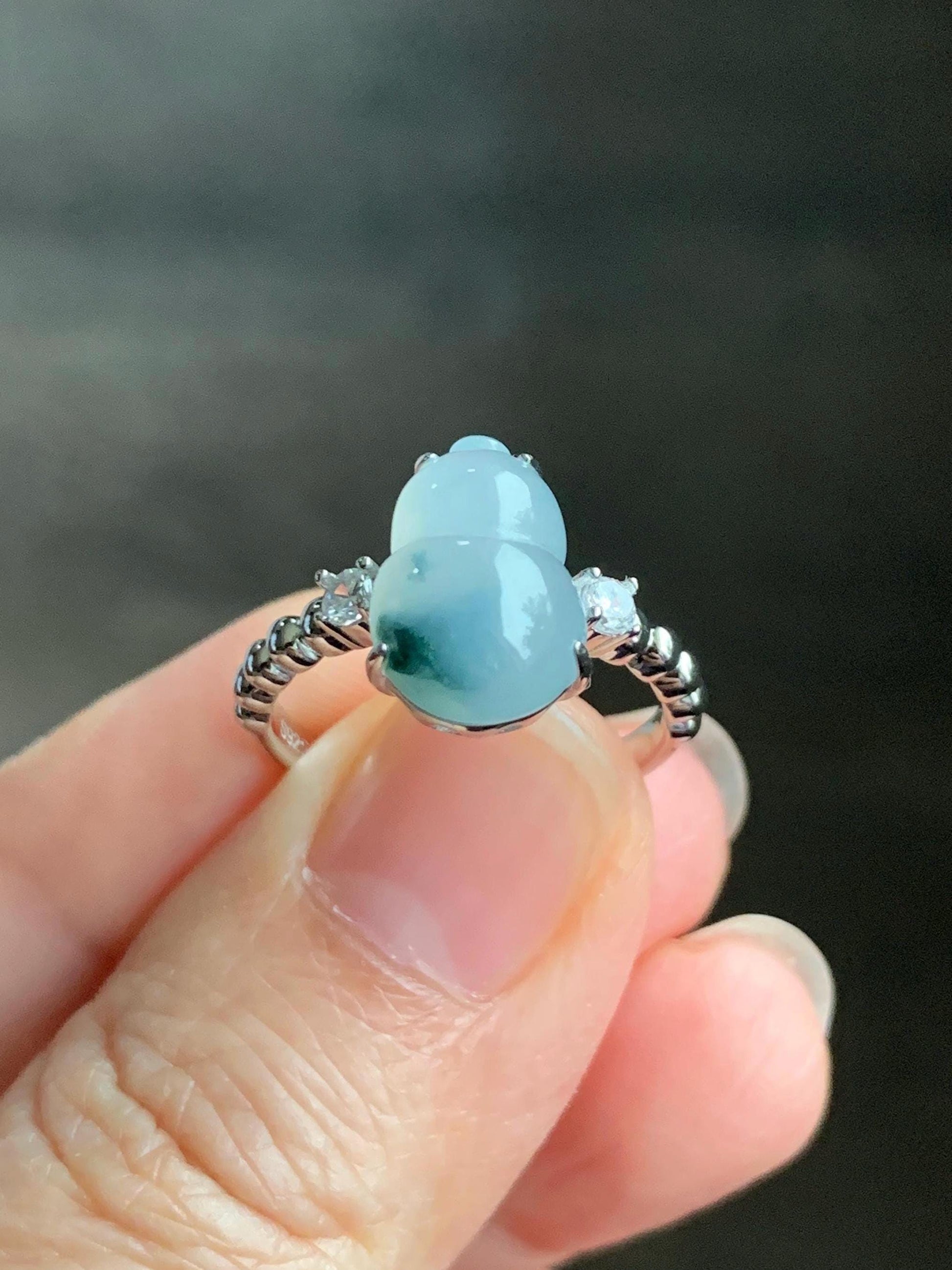 Certified Natural Grade A Icy Translucent Gelatinous Teal Green Marbled Jadeite Gourd Hulu Ring Sterling Silver sz 7.25 天然冰胶蓝花翡翠葫芦镶嵌戒指 1503