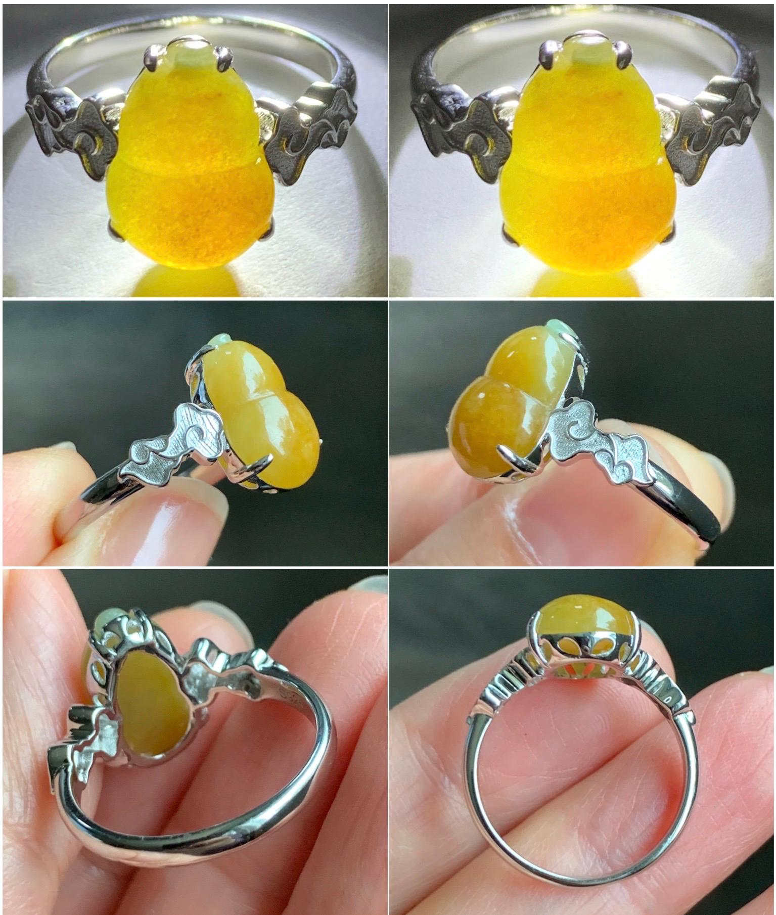 Certified Natural Grade A Icy Translucent Gelatinous Deep Yellow Jadeite Gourd Hulu Ring Sterling Silver size 7.25 US 天然糯冰油黄翡翠葫芦镶嵌戒指 1501