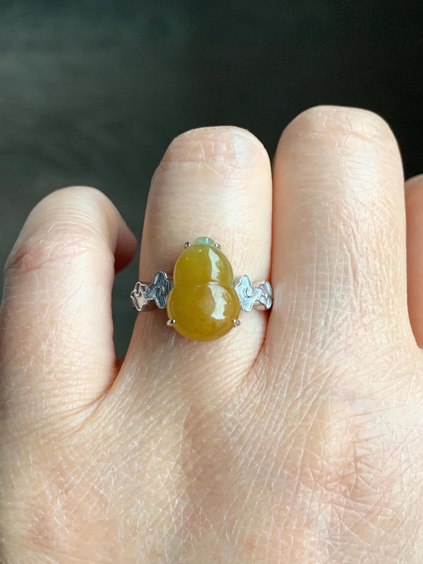 Certified Natural Grade A Icy Translucent Gelatinous Deep Yellow Jadeite Gourd Hulu Ring Sterling Silver size 7.25 US 天然糯冰油黄翡翠葫芦镶嵌戒指 1501