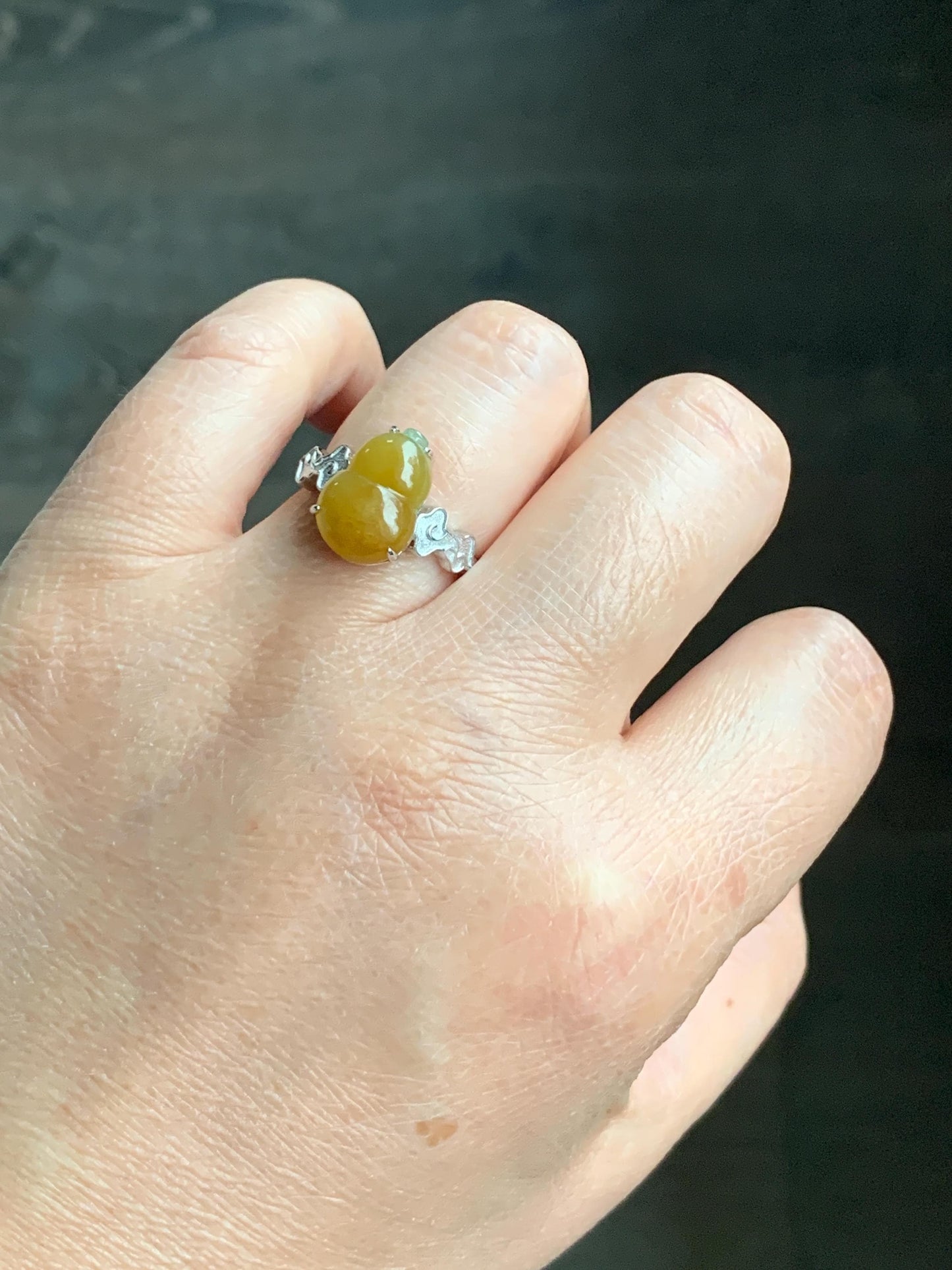 Certified Natural Grade A Icy Translucent Gelatinous Deep Yellow Jadeite Gourd Hulu Ring Sterling Silver size 7.25 US 天然糯冰油黄翡翠葫芦镶嵌戒指 1501