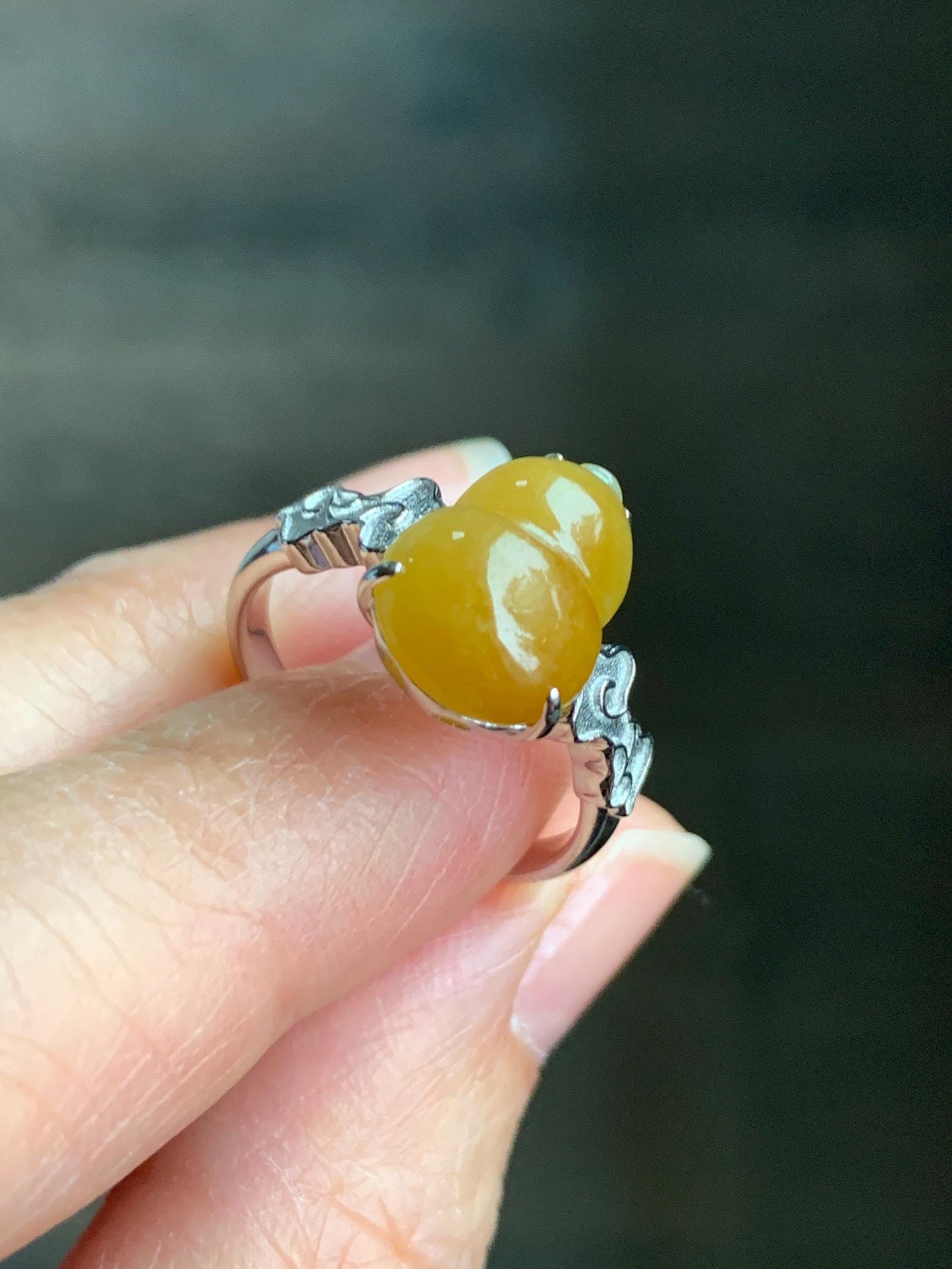 Certified Natural Grade A Icy Translucent Gelatinous Deep Yellow Jadeite Gourd Hulu Ring Sterling Silver size 7.25 US 天然糯冰油黄翡翠葫芦镶嵌戒指 1501