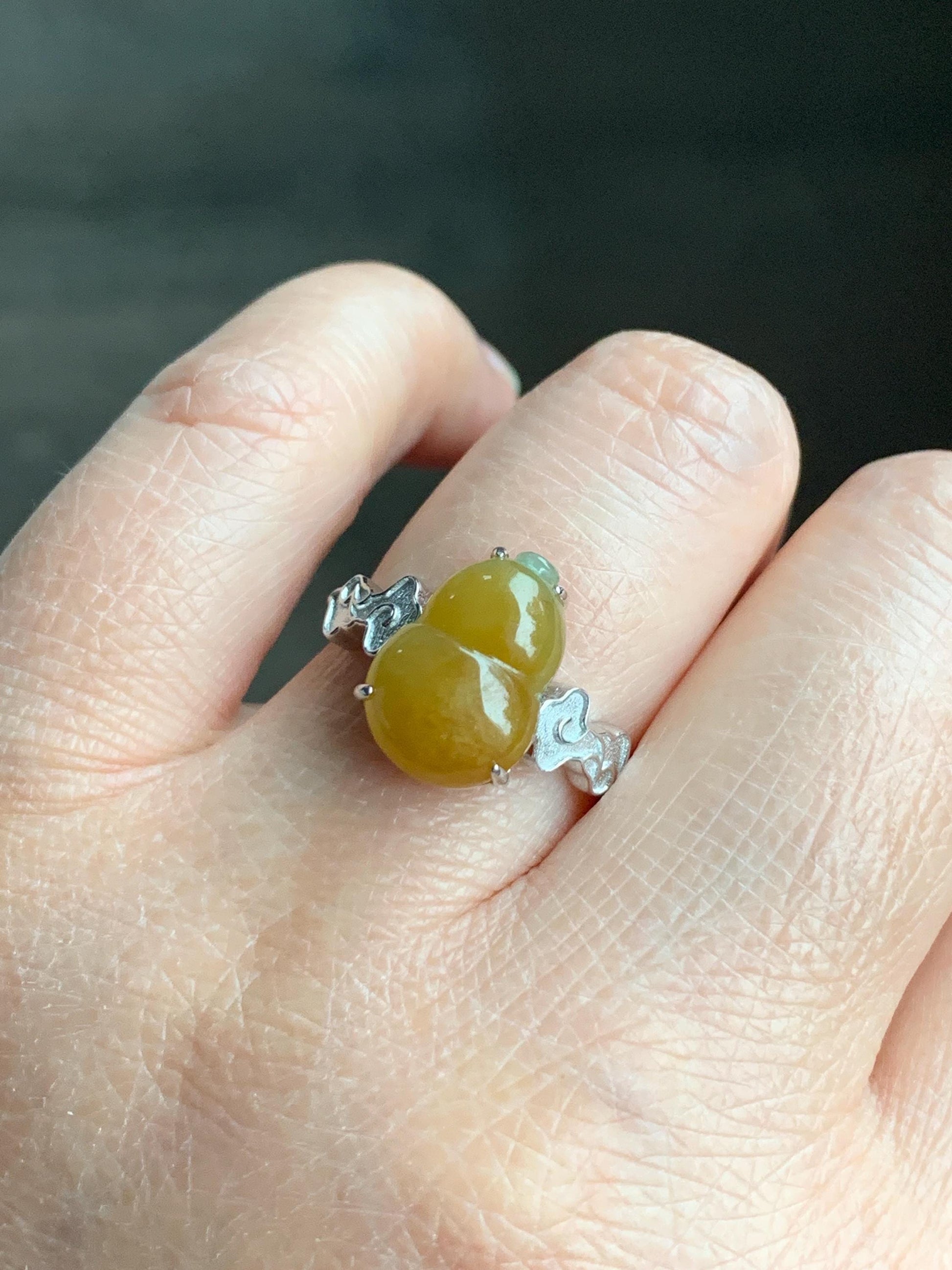 Certified Natural Grade A Icy Translucent Gelatinous Deep Yellow Jadeite Gourd Hulu Ring Sterling Silver size 7.25 US 天然糯冰油黄翡翠葫芦镶嵌戒指 1501