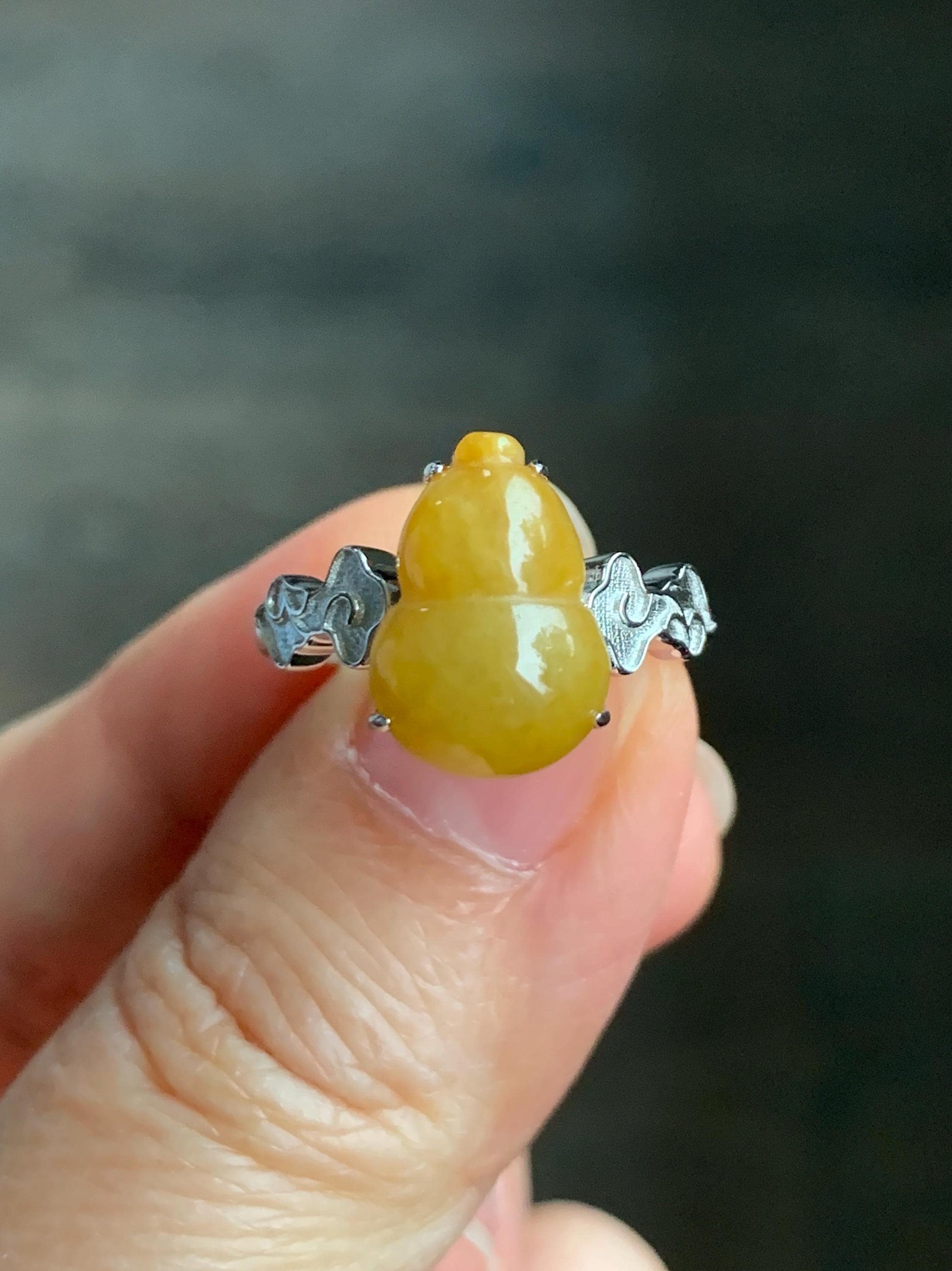 Certified Natural Grade A Icy Translucent Gelatinous Deep Yellow Jadeite Gourd Hulu Ring Sterling Silver size 7.25 US 天然糯冰油黄翡翠葫芦镶嵌戒指 1500
