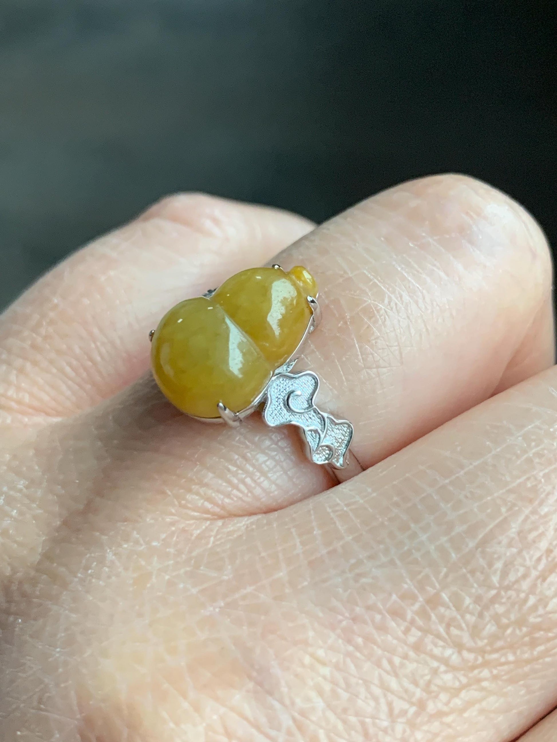 Certified Natural Grade A Icy Translucent Gelatinous Deep Yellow Jadeite Gourd Hulu Ring Sterling Silver size 7.25 US 天然糯冰油黄翡翠葫芦镶嵌戒指 1500