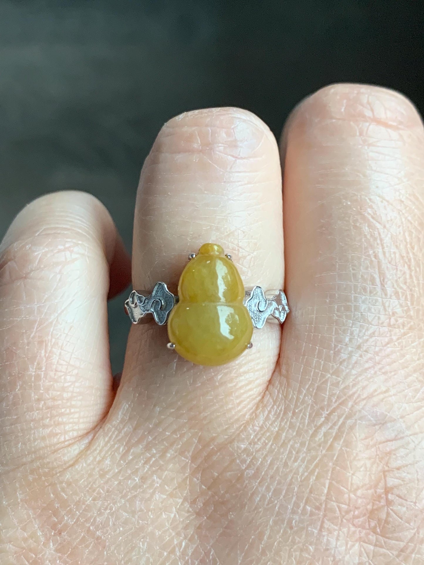 Certified Natural Grade A Icy Translucent Gelatinous Deep Yellow Jadeite Gourd Hulu Ring Sterling Silver size 7.25 US 天然糯冰油黄翡翠葫芦镶嵌戒指 1500