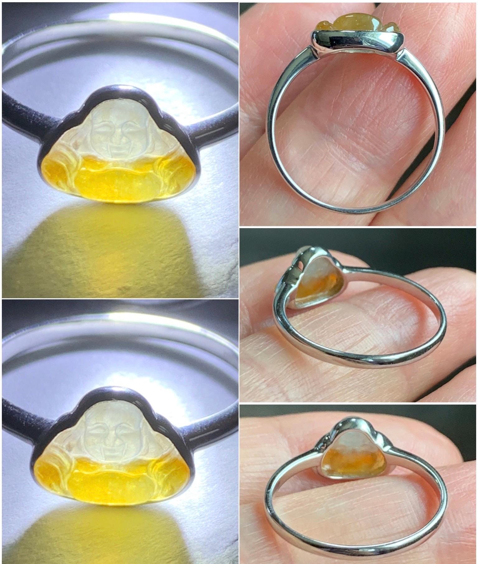 Certified Natural Grade A Icy Highly Translucent Bicolored Yellow Marbled Jadeite Buddha Ring 14K White Gold Size 7.25 天然正冰黄翡翠佛公14K镶嵌戒指 6675