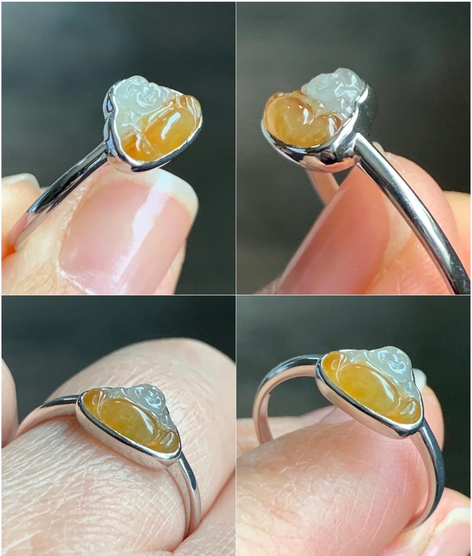 Certified Natural Grade A Icy Highly Translucent Bicolored Yellow Marbled Jadeite Buddha Ring 14K White Gold Size 7.25 天然正冰黄翡翠佛公14K镶嵌戒指 6675