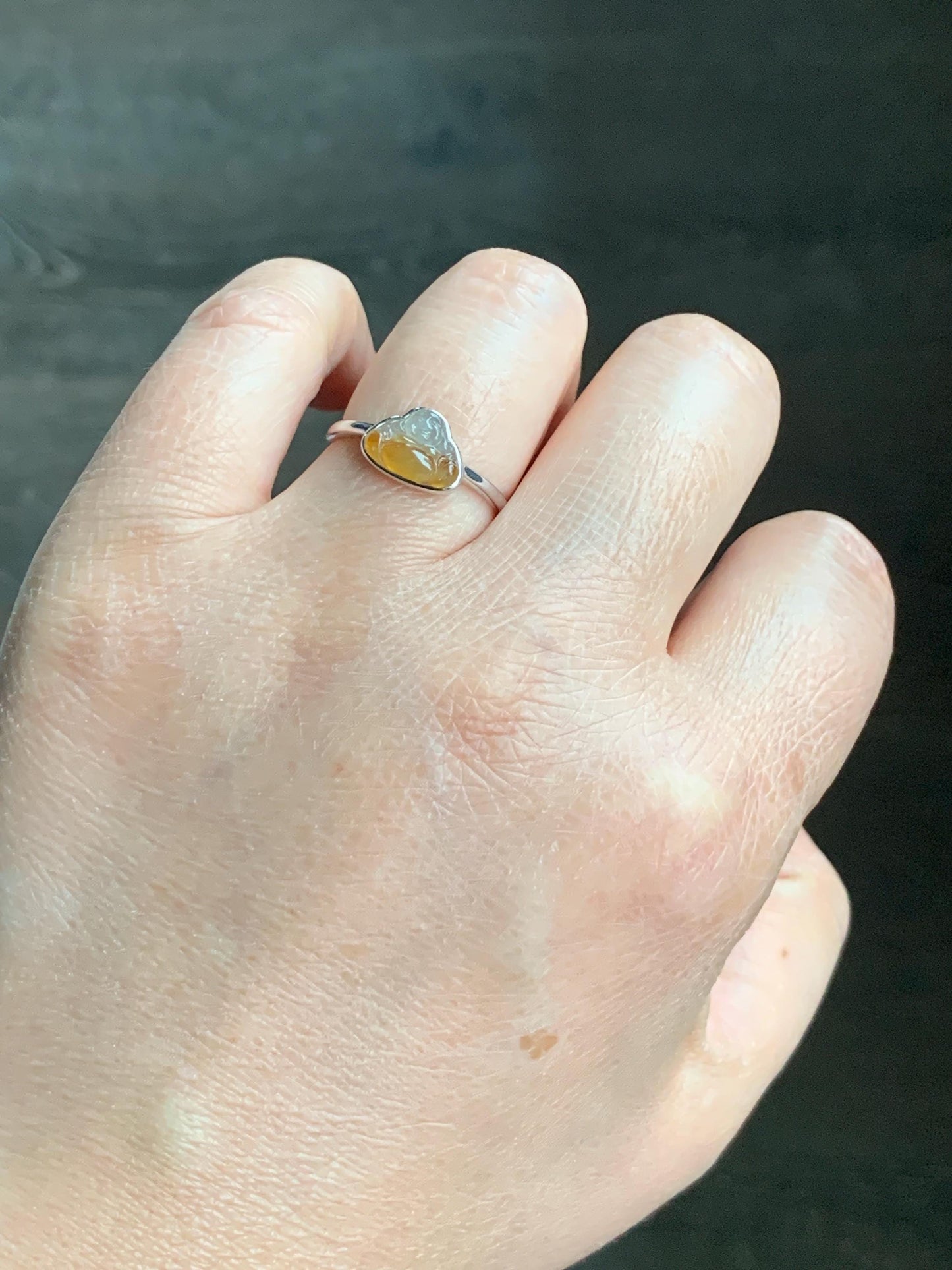 Certified Natural Grade A Icy Highly Translucent Bicolored Yellow Marbled Jadeite Buddha Ring 14K White Gold Size 7.25 天然正冰黄翡翠佛公14K镶嵌戒指 6675