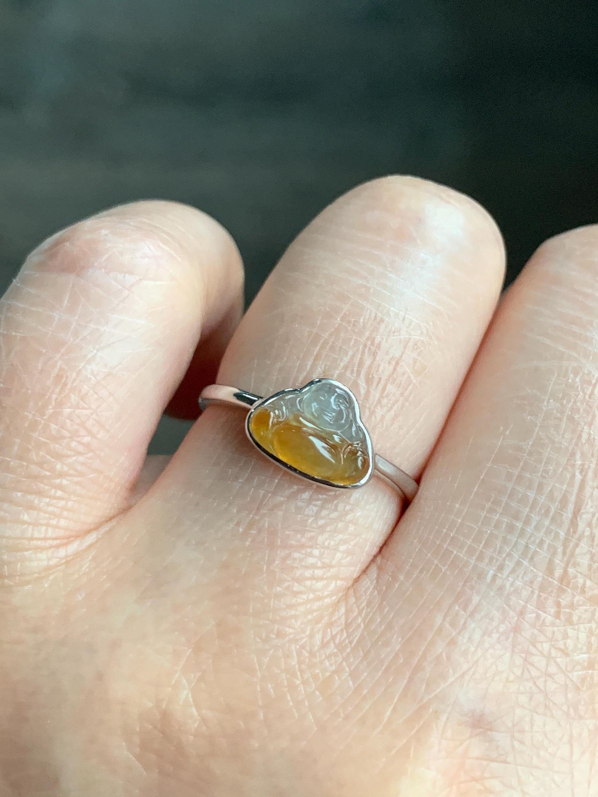 Certified Natural Grade A Icy Highly Translucent Bicolored Yellow Marbled Jadeite Buddha Ring 14K White Gold Size 7.25 天然正冰黄翡翠佛公14K镶嵌戒指 6675