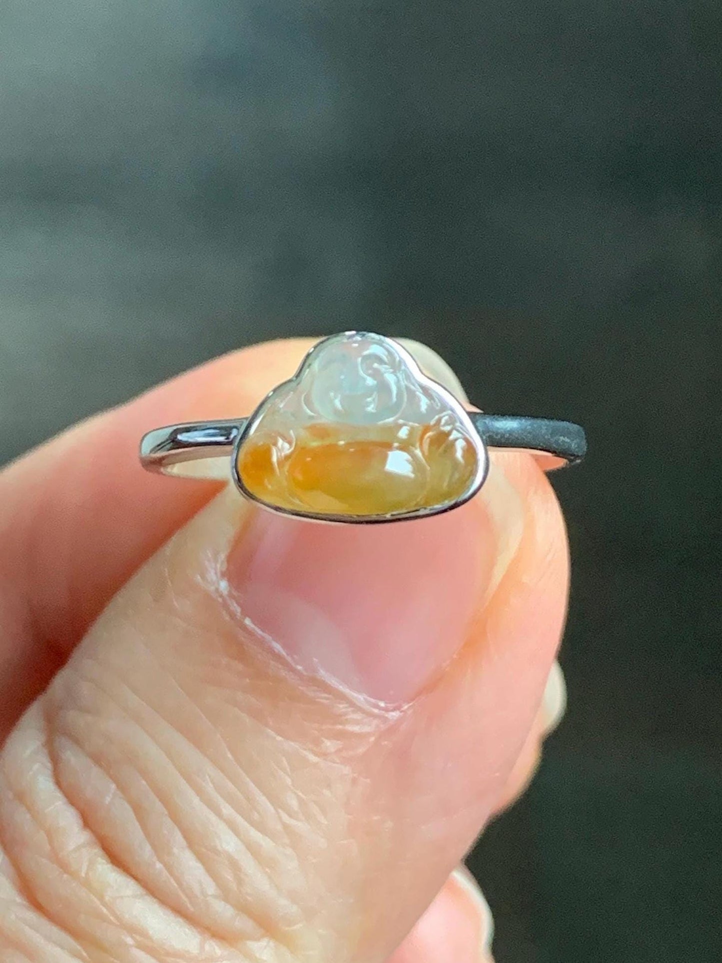 Certified Natural Grade A Icy Highly Translucent Bicolored Yellow Marbled Jadeite Buddha Ring 14K White Gold Size 7.25 天然正冰黄翡翠佛公14K镶嵌戒指 6675