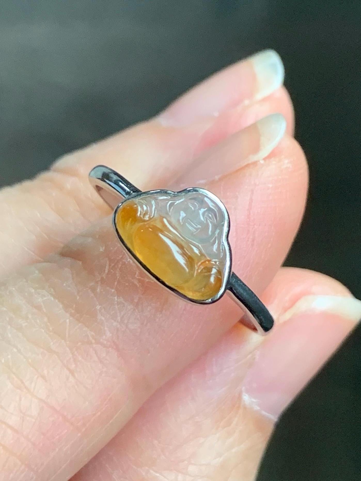 Certified Natural Grade A Icy Highly Translucent Bicolored Yellow Marbled Jadeite Buddha Ring 14K White Gold Size 7.25 天然正冰黄翡翠佛公14K镶嵌戒指 6675