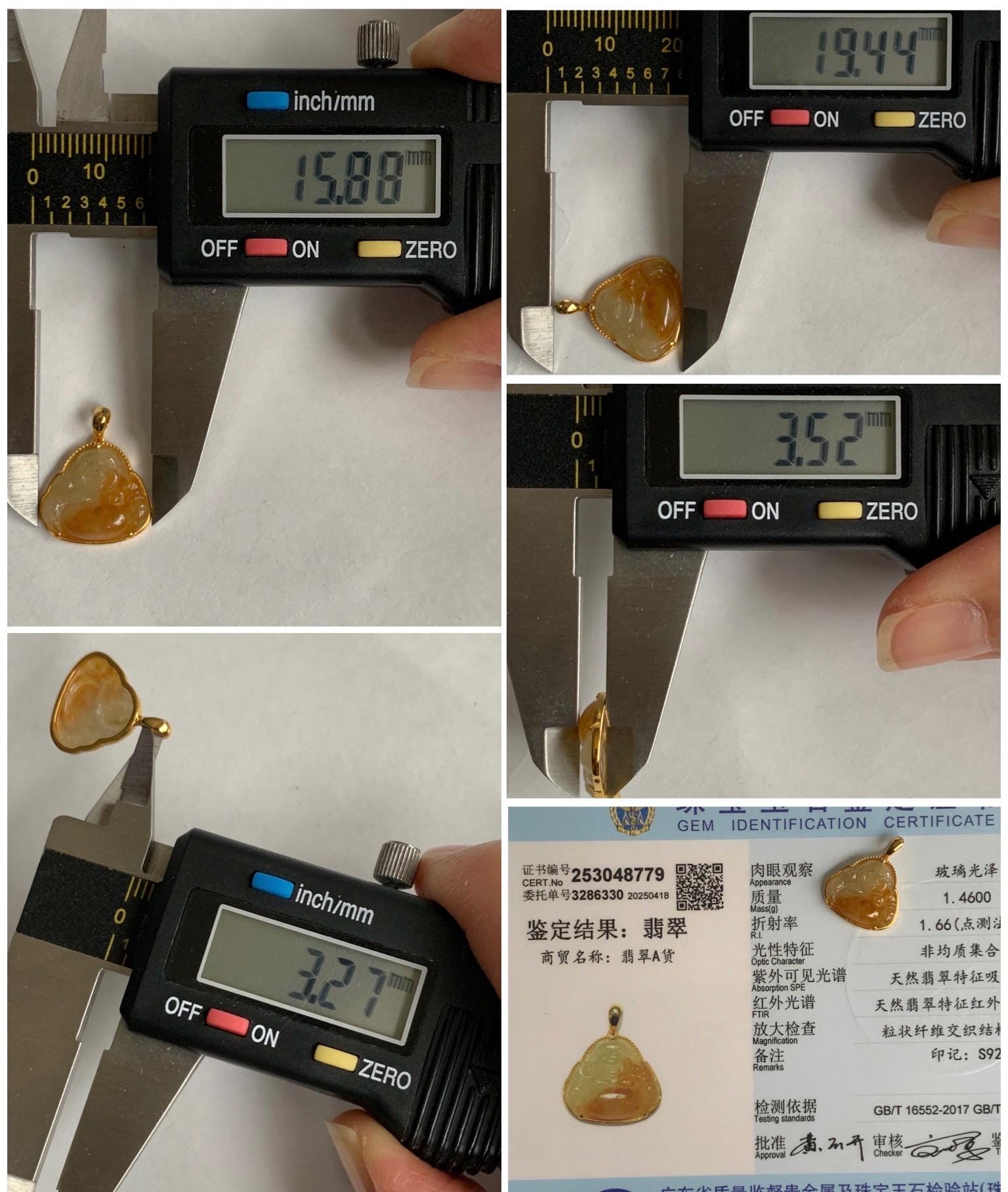 Certified Natural Grade A Icy Highly Translucent Bicolored Yellow Marbled Jadeite Buddha Pendant 14K Yellow Gold 1.5g 天然冰黄翡翠佛公14K镶嵌吊坠 8779
