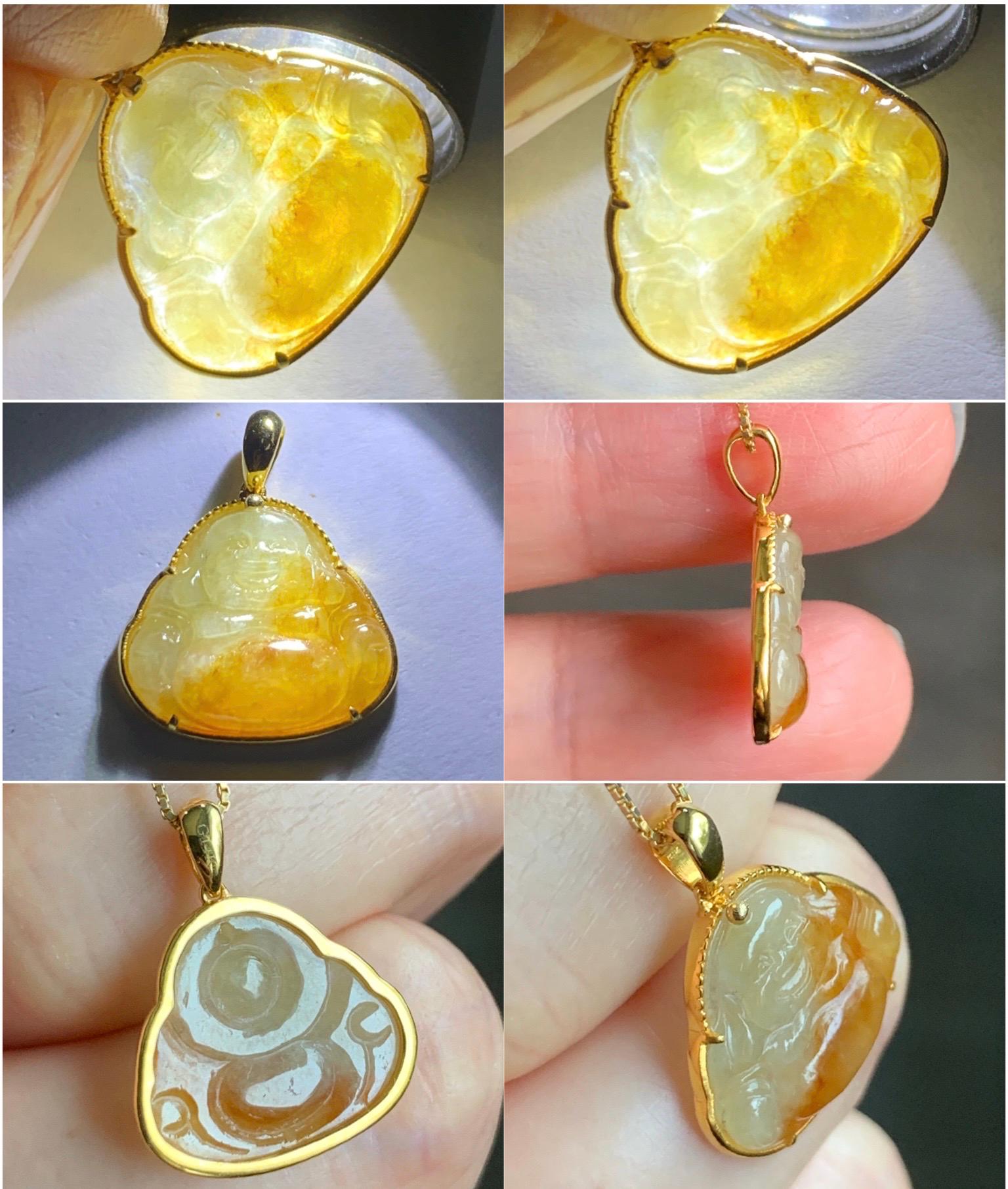 Certified Natural Grade A Icy Highly Translucent Bicolored Yellow Marbled Jadeite Buddha Pendant 14K Yellow Gold 1.5g 天然冰黄翡翠佛公14K镶嵌吊坠 8779