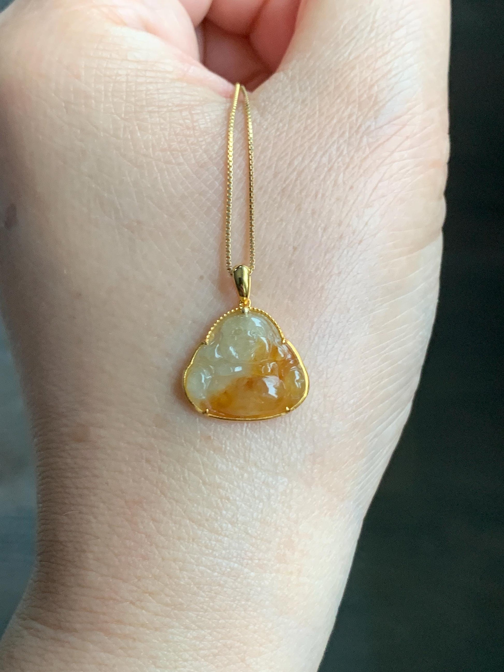 Certified Natural Grade A Icy Highly Translucent Bicolored Yellow Marbled Jadeite Buddha Pendant 14K Yellow Gold 1.5g 天然冰黄翡翠佛公14K镶嵌吊坠 8779