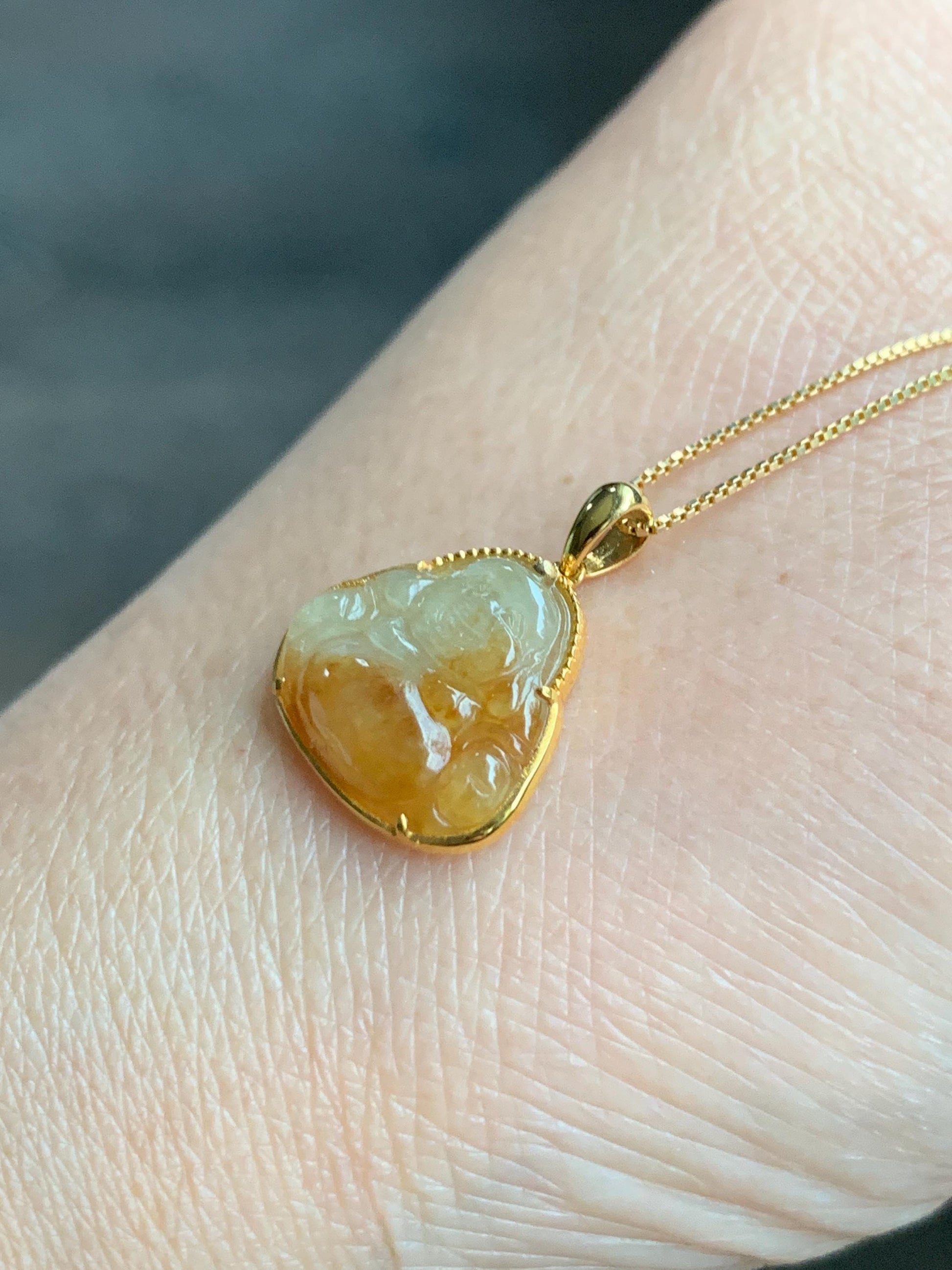 Certified Natural Grade A Icy Highly Translucent Bicolored Yellow Marbled Jadeite Buddha Pendant 14K Yellow Gold 1.5g 天然冰黄翡翠佛公14K镶嵌吊坠 8779