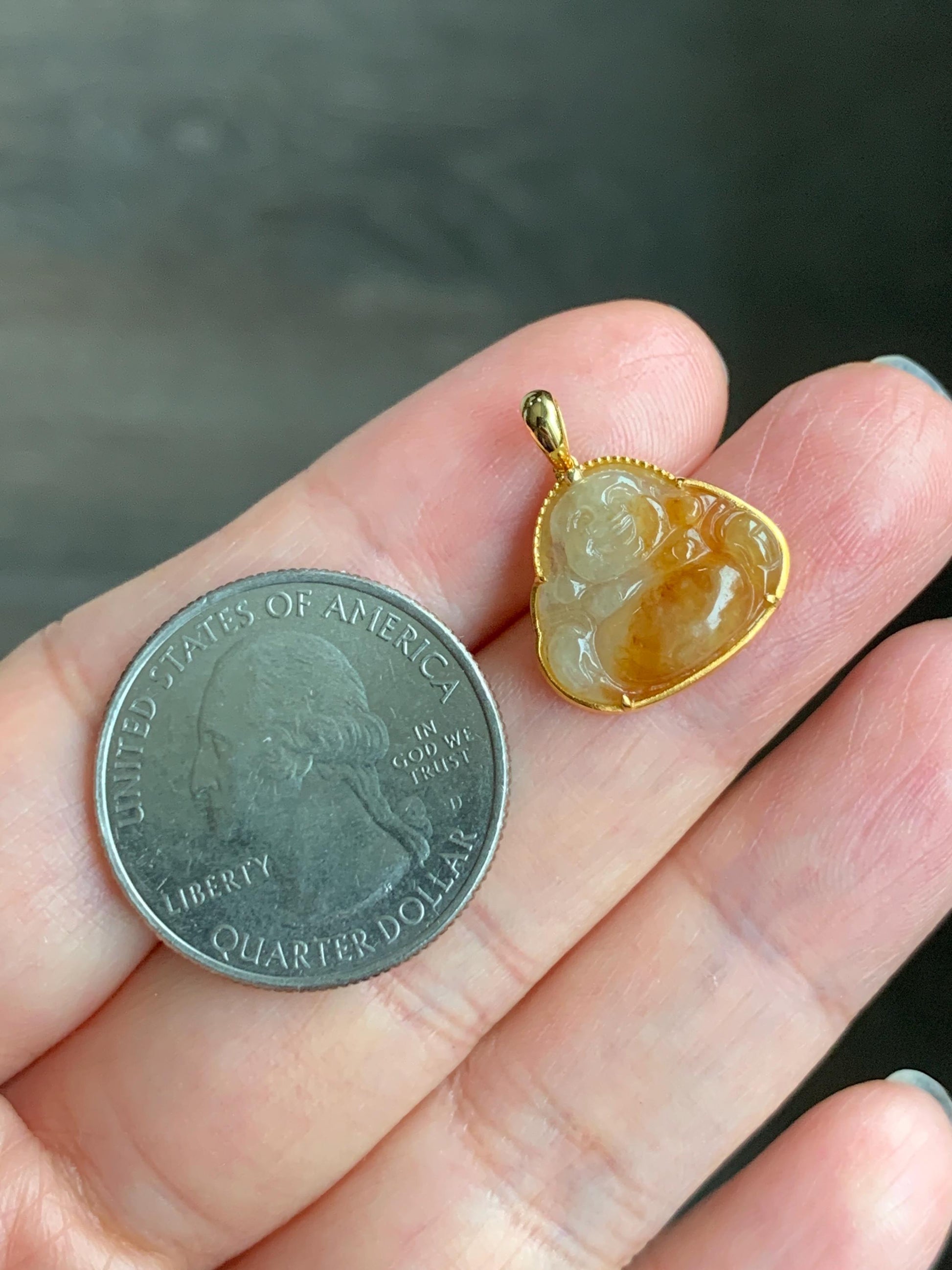 Certified Natural Grade A Icy Highly Translucent Bicolored Yellow Marbled Jadeite Buddha Pendant 14K Yellow Gold 1.5g 天然冰黄翡翠佛公14K镶嵌吊坠 8779