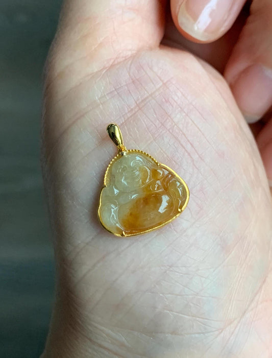 Certified Natural Grade A Icy Highly Translucent Bicolored Yellow Marbled Jadeite Buddha Pendant 14K Yellow Gold 1.5g 天然冰黄翡翠佛公14K镶嵌吊坠 8779