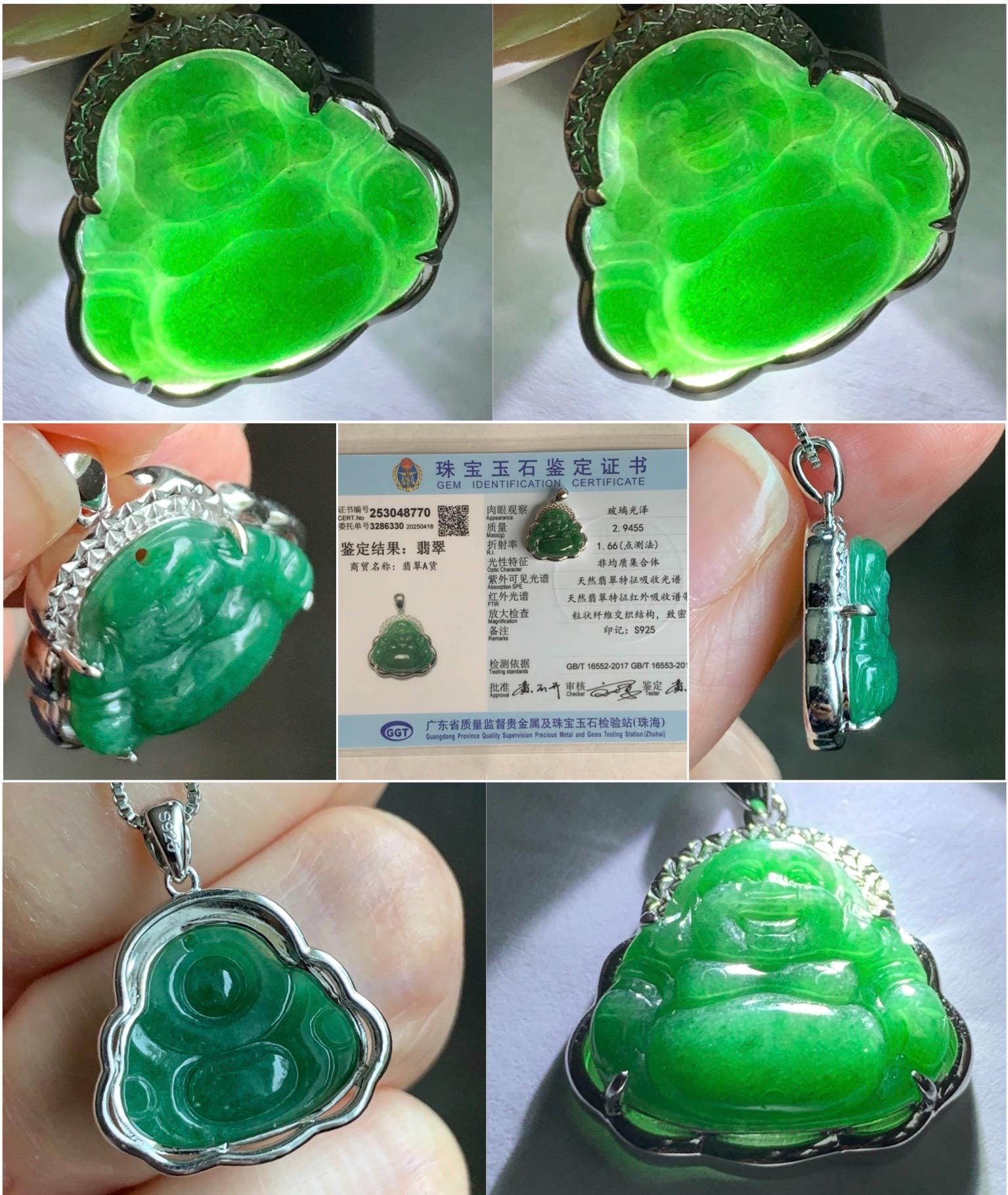 Certified Natural Grade A Icy Translucent Deep Green Jadeite Buddha Pendant Sterling Silver 2.94g 天然糯冰满绿翡翠小佛公镶嵌吊坠 8770