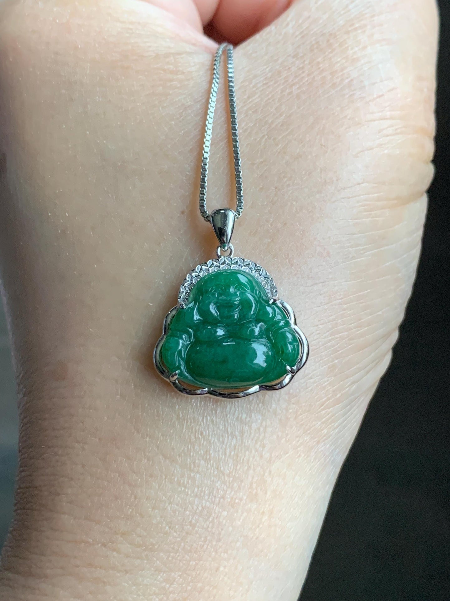 Certified Natural Grade A Icy Translucent Deep Green Jadeite Buddha Pendant Sterling Silver 2.94g 天然糯冰满绿翡翠小佛公镶嵌吊坠 8770