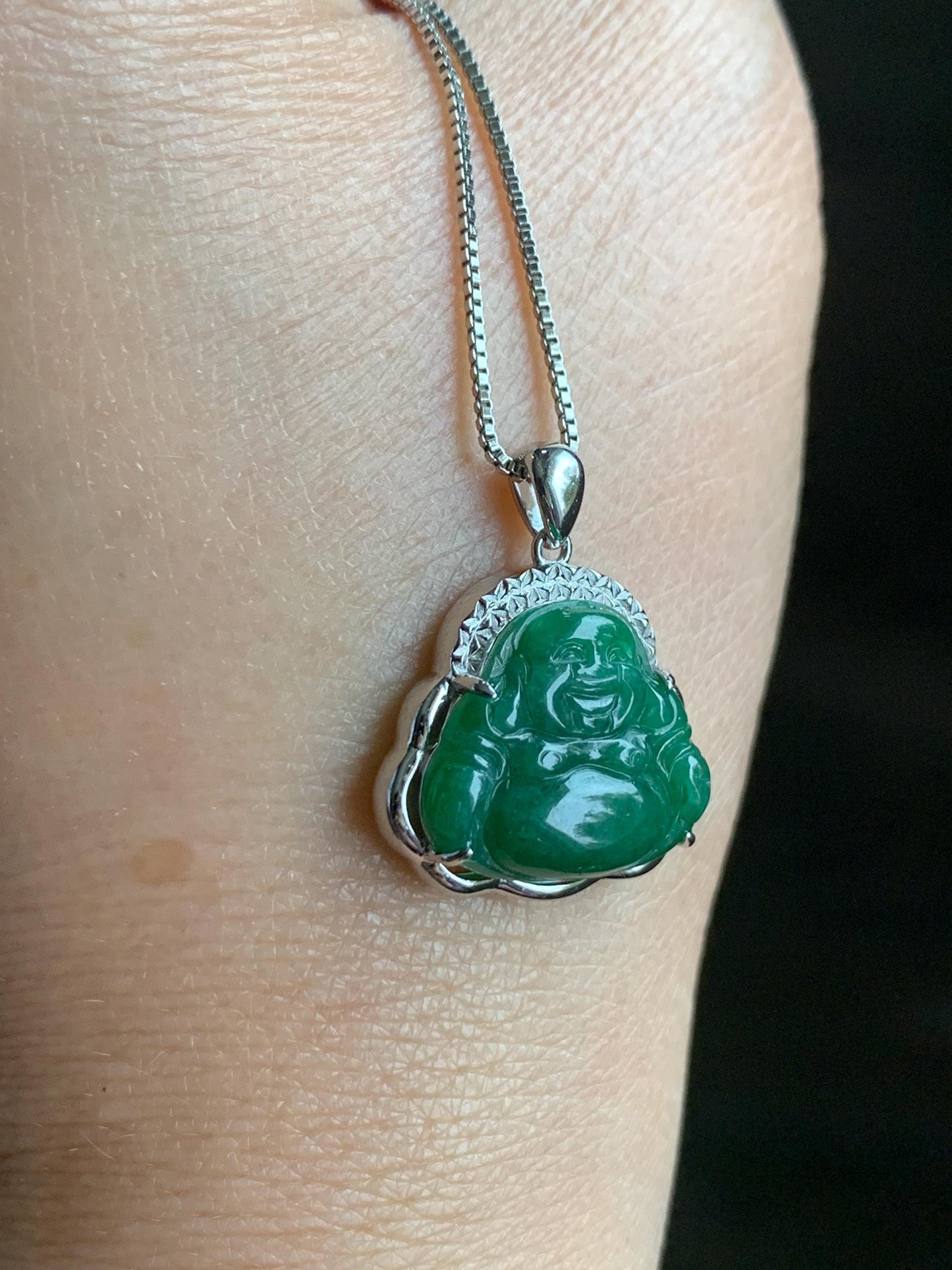 Certified Natural Grade A Icy Translucent Deep Green Jadeite Buddha Pendant Sterling Silver 2.94g 天然糯冰满绿翡翠小佛公镶嵌吊坠 8770
