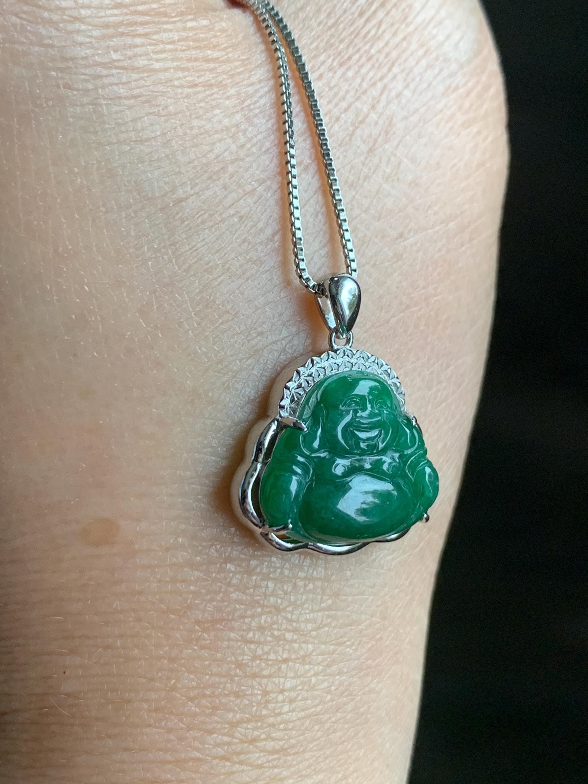 Certified Natural Grade A Icy Translucent Deep Green Jadeite Buddha Pendant Sterling Silver 2.94g 天然糯冰满绿翡翠小佛公镶嵌吊坠 8770