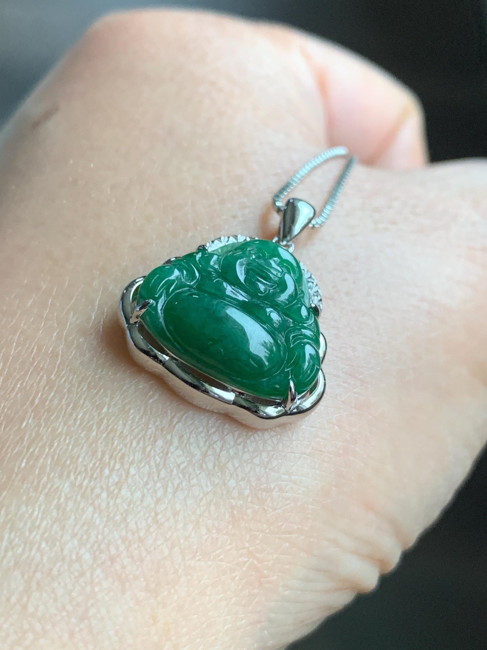 Certified Natural Grade A Icy Translucent Deep Green Jadeite Buddha Pendant Sterling Silver 2.94g 天然糯冰满绿翡翠小佛公镶嵌吊坠 8770