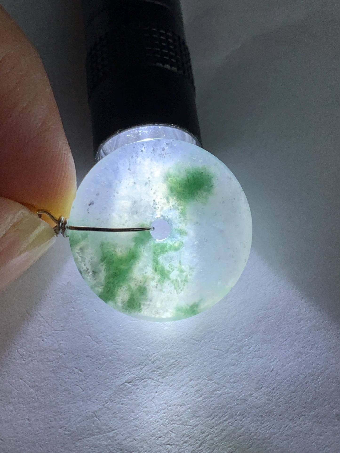 Natural Grade A Icy Highly Translucent Green Marbled Jade Jadeite Ping An Kou Donut Pendant Sterling Silver 4g 天然冰透飘花翡翠平安扣吊坠 MPH168