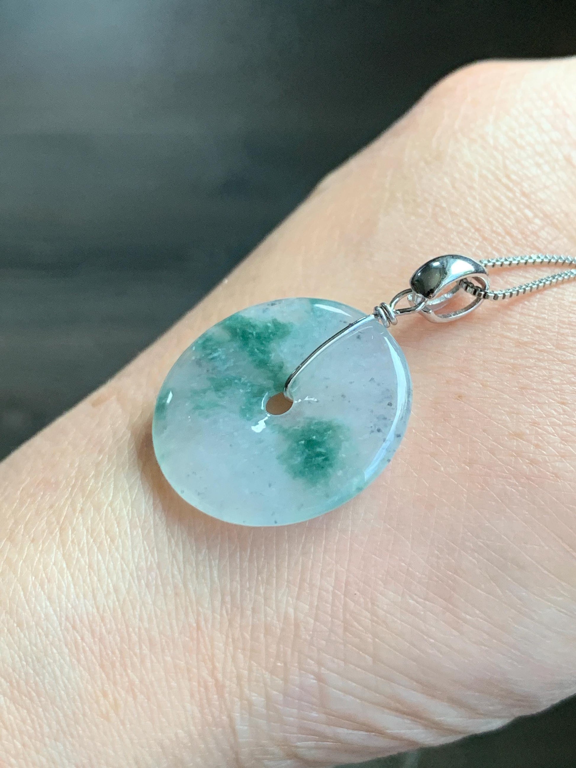 Natural Grade A Icy Highly Translucent Green Marbled Jade Jadeite Ping An Kou Donut Pendant Sterling Silver 4g 天然冰透飘花翡翠平安扣吊坠 MPH168