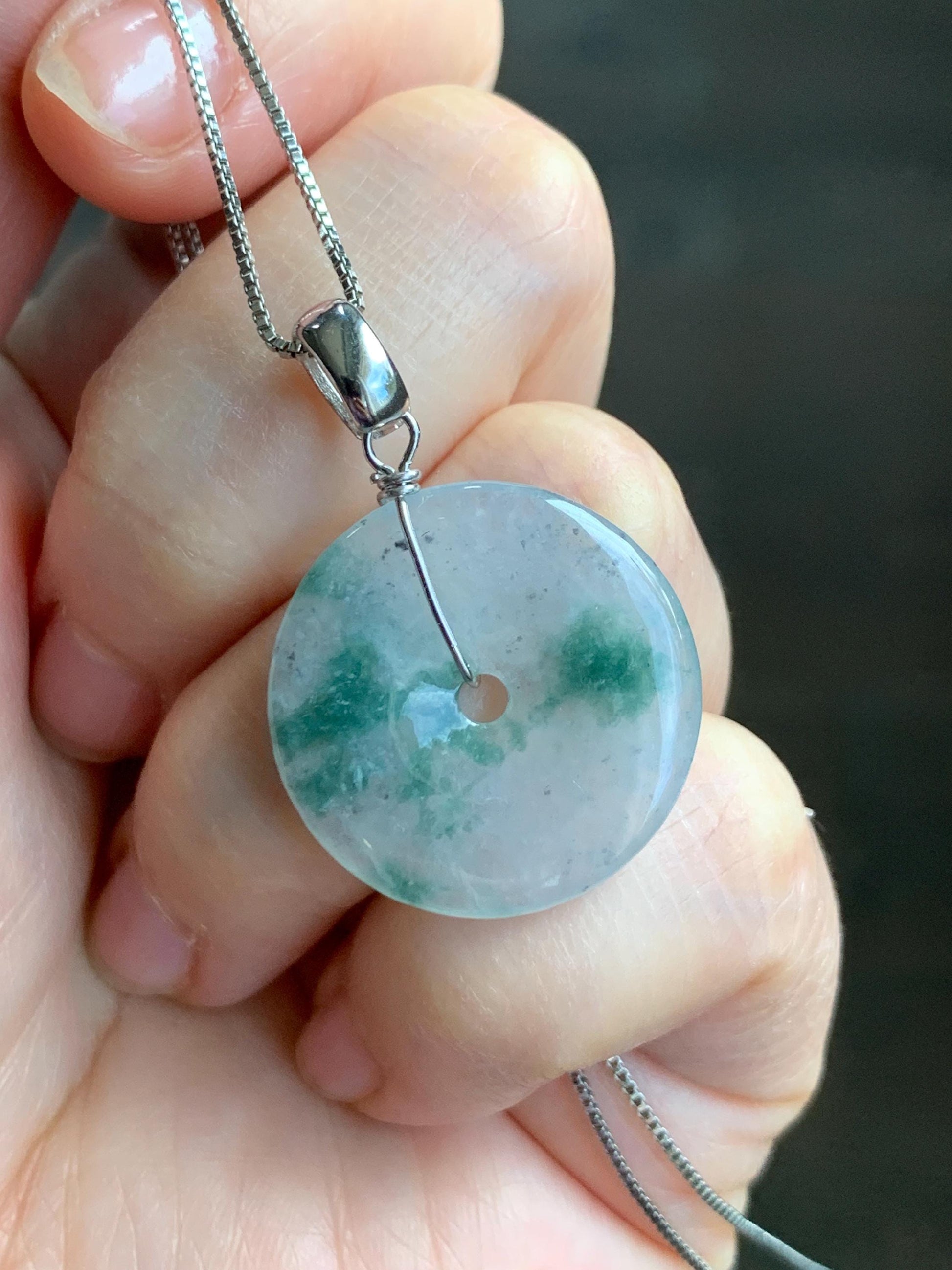 Natural Grade A Icy Highly Translucent Green Marbled Jade Jadeite Ping An Kou Donut Pendant Sterling Silver 4g 天然冰透飘花翡翠平安扣吊坠 MPH168