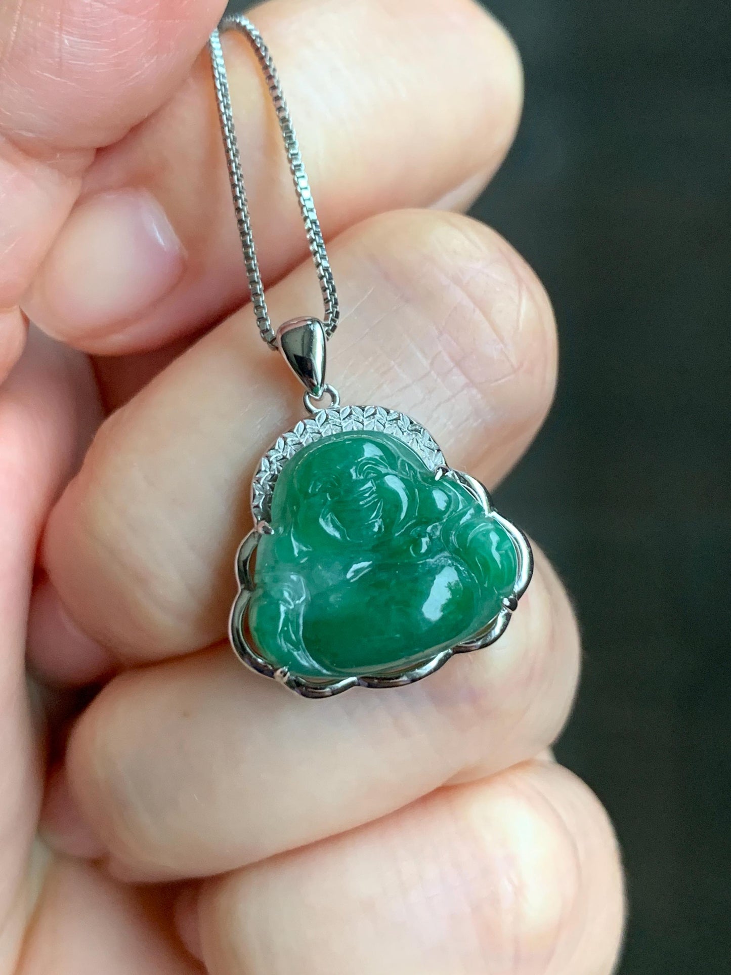 Certified Natural Grade A Icy Translucent Deep Green Jadeite Buddha Pendant Sterling Silver 3.35g 天然糯冰满绿翡翠小佛公镶嵌吊坠 8771