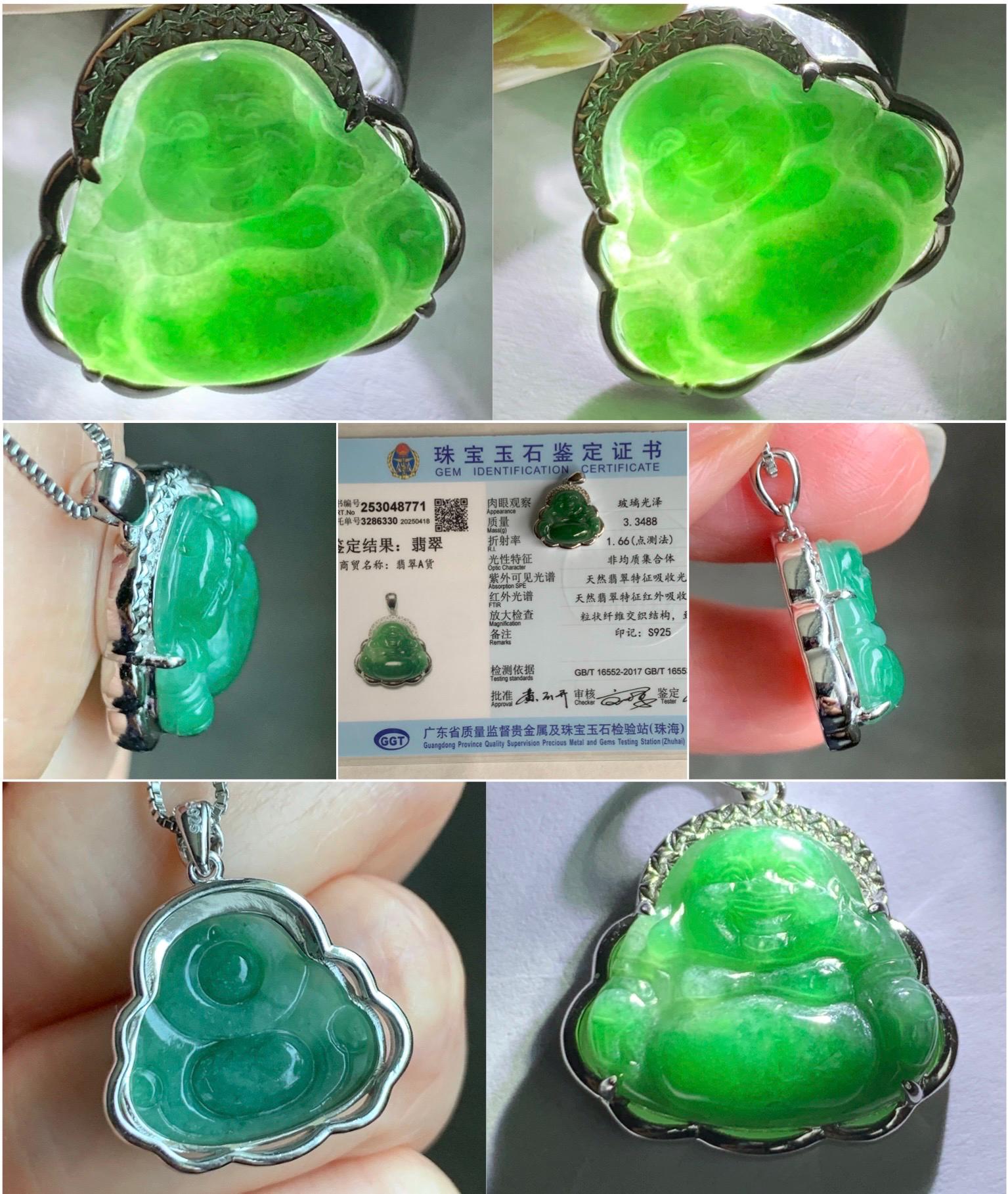 Certified Natural Grade A Icy Translucent Deep Green Jadeite Buddha Pendant Sterling Silver 3.35g 天然糯冰满绿翡翠小佛公镶嵌吊坠 8771
