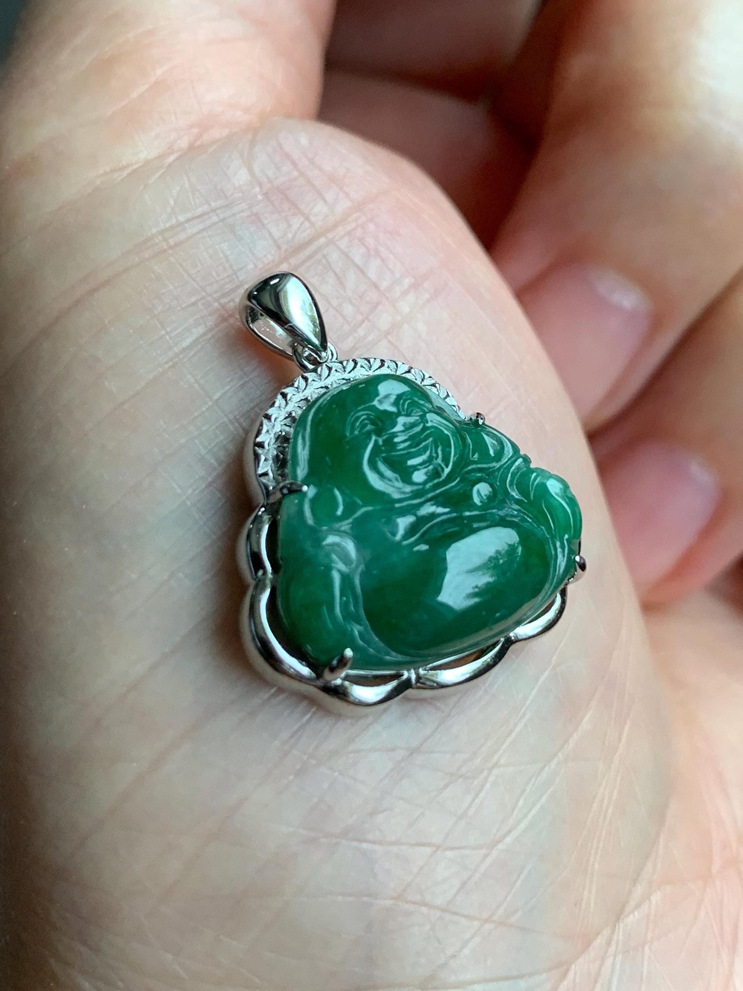 Certified Natural Grade A Icy Translucent Deep Green Jadeite Buddha Pendant Sterling Silver 3.35g 天然糯冰满绿翡翠小佛公镶嵌吊坠 8771